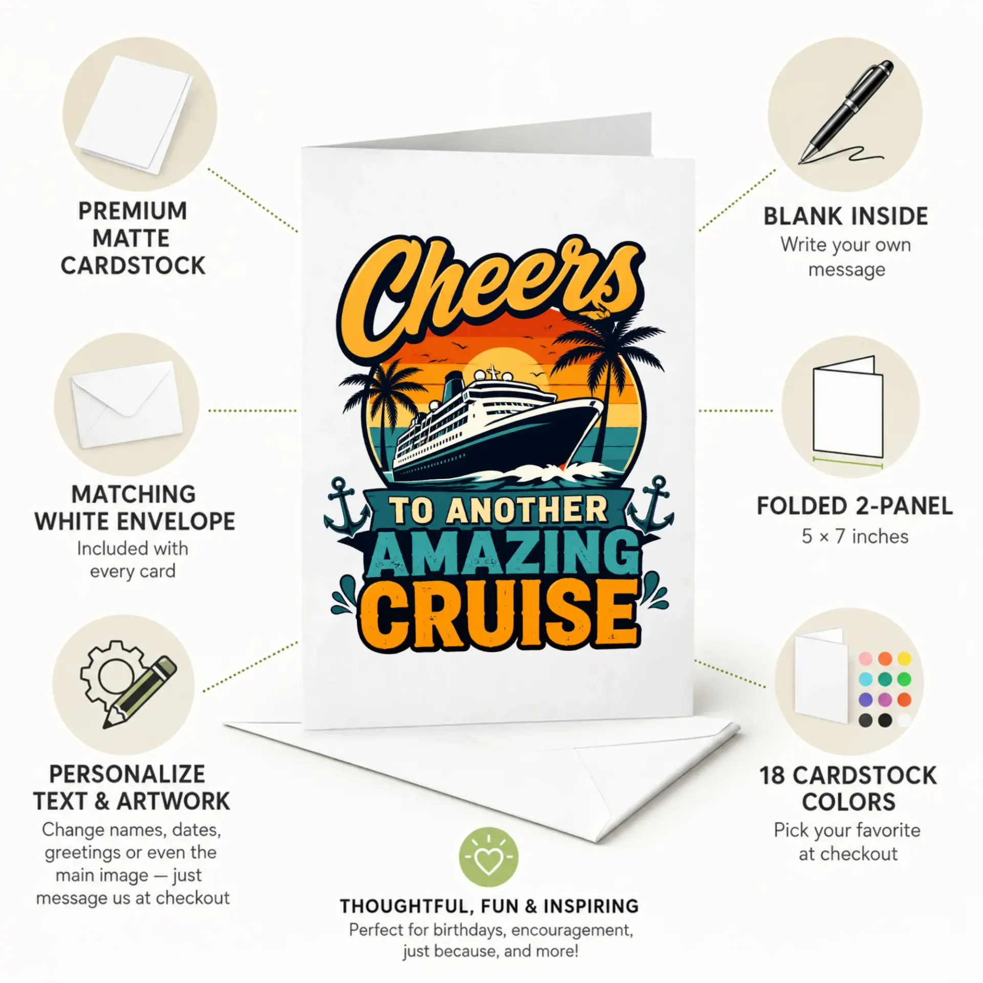 Greeting Card Cheers to Another Amazing Cruise Featuring Tropical Sunset Ocean Vacation Design for Travel Lovers
