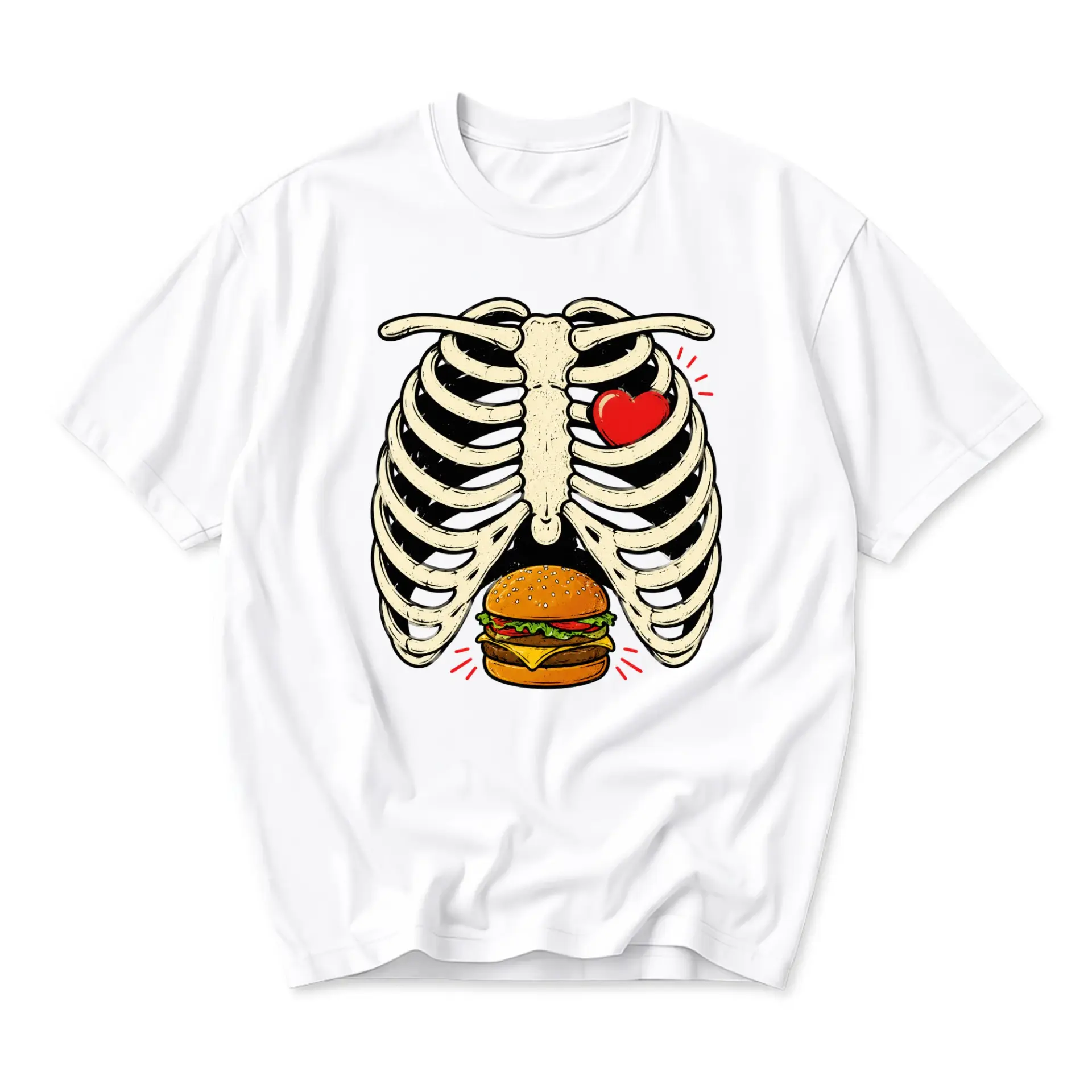 Graphic Tee Unisex Crew Neck Short Sleeve Shirt Featuring Anatomical Rib Cage Heart and Hamburger Design for Casual Wear