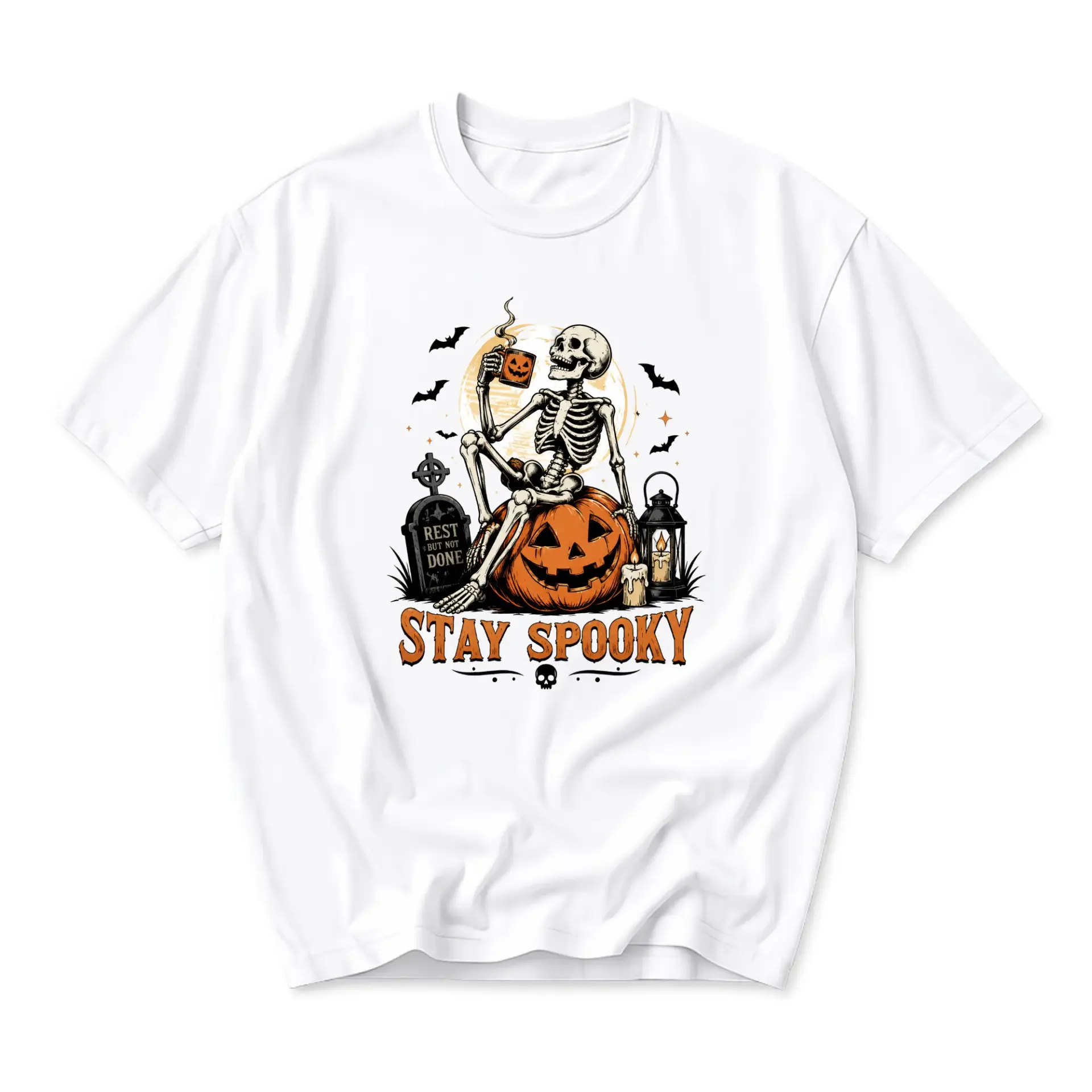 Graphic Tee Stay Spooky Skeleton Drinking Coffee on Pumpkin Autumn Halloween Unisex Crew Neck Cotton Shirt