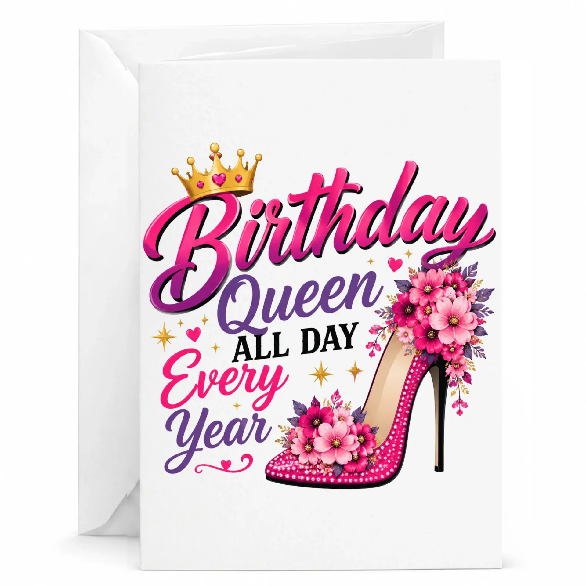 Birthday Queen Greeting Card for Her with Envelope Elegant Floral High Heel Shoe Design 5x7 Inches Folded Card