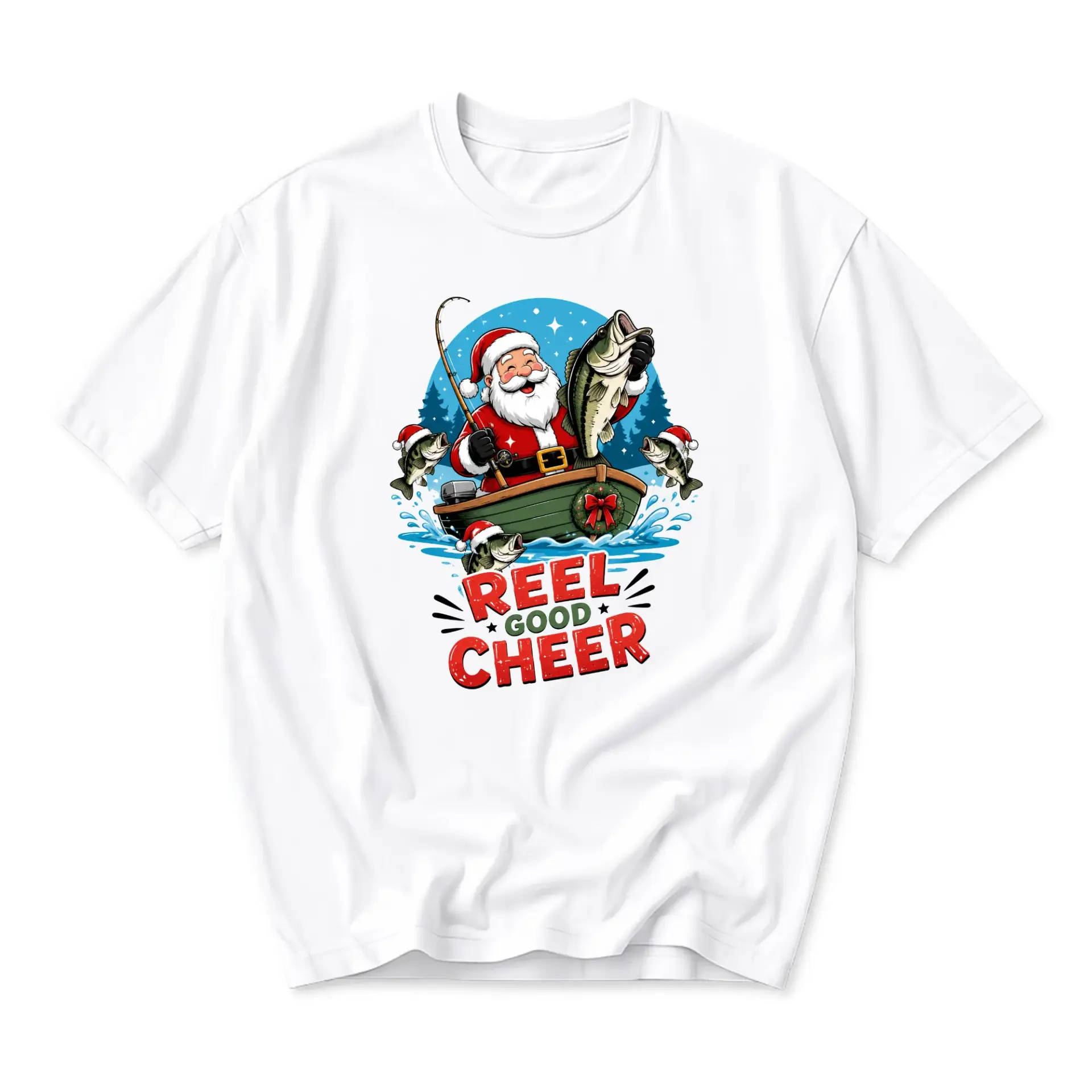 Funny Shirt Reel Good Cheer Graphic Tee Santa Claus Fishing Holiday Unisex