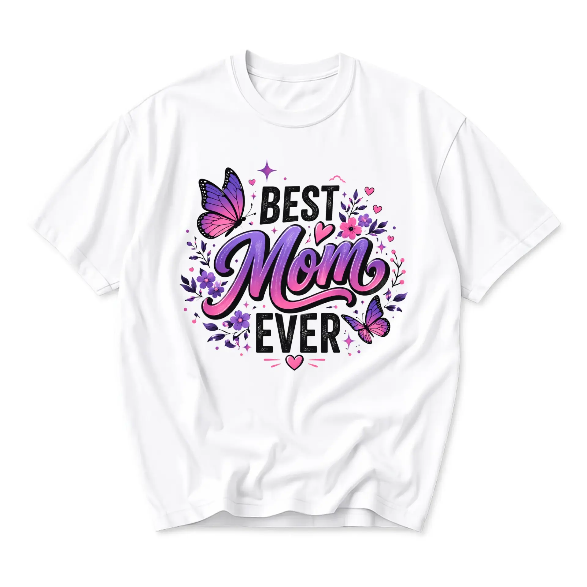 Graphic Tee Best Mom Ever Shirt Floral Butterfly Print Casual Short Sleeve Crew Neck Unisex Comfort Apparel White