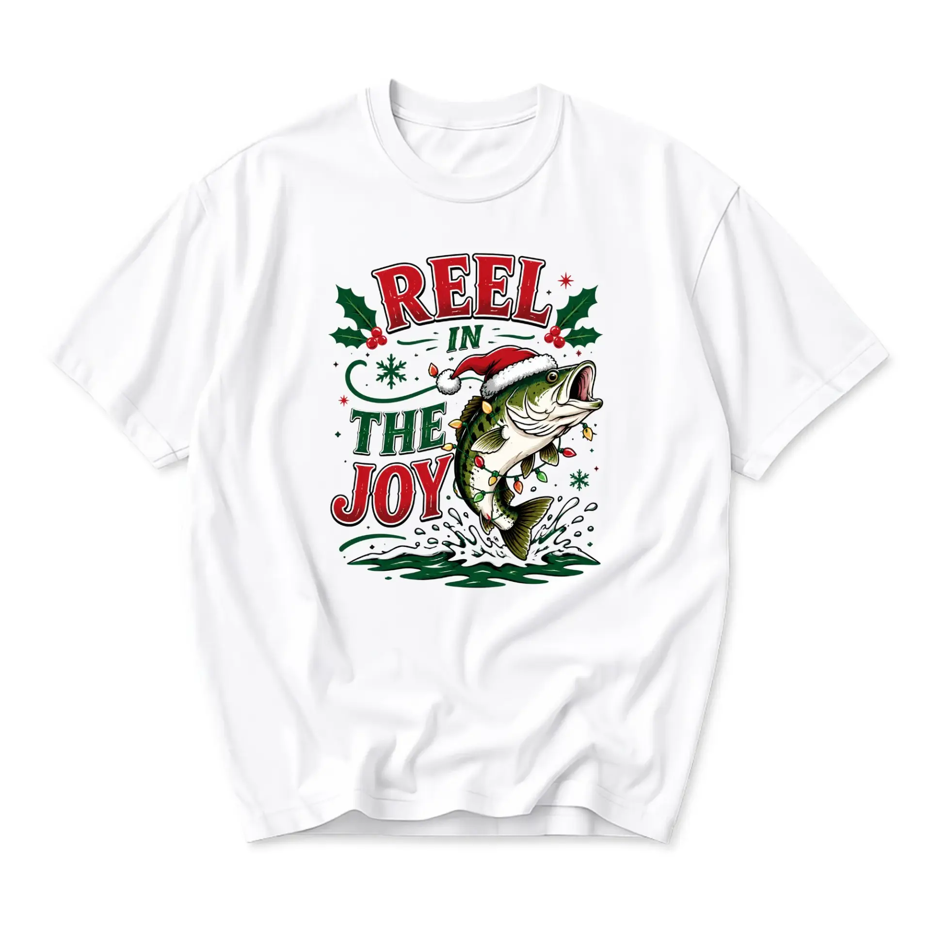 Funny Shirt Reel in the Joy Christmas Bass Fishing Graphic Tee Unisex Short Sleeve Crew Neck Holiday Casual Apparel