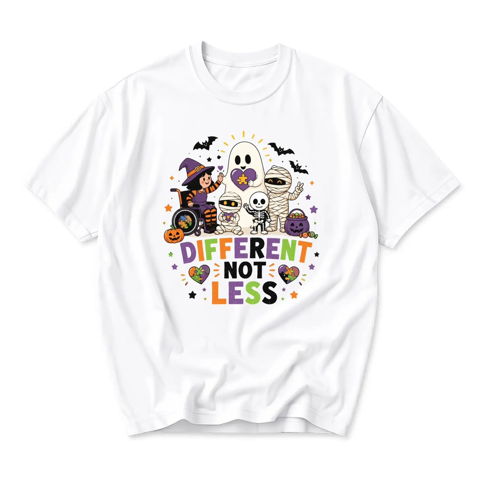 Graphic Tee Different Not Less Halloween Costume T-Shirt Featuring Festive Characters for Seasonal Casual Wear