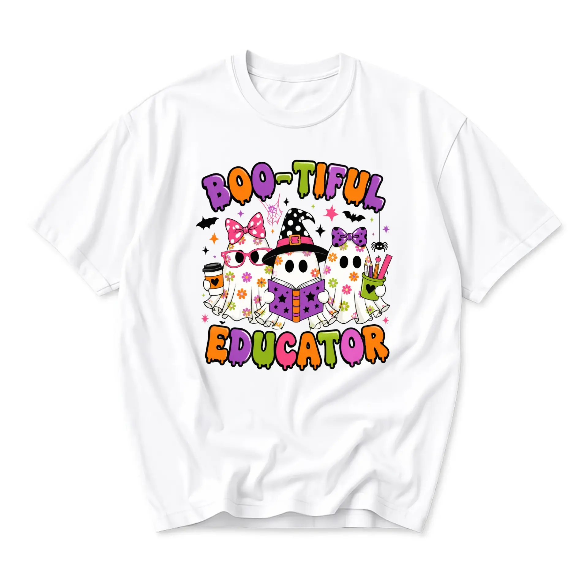 Graphic Tee Boo-Tiful Educator Ghost Print Shirt Funny Halloween Seasonal Crew Neck Unisex Casual Short Sleeve Top