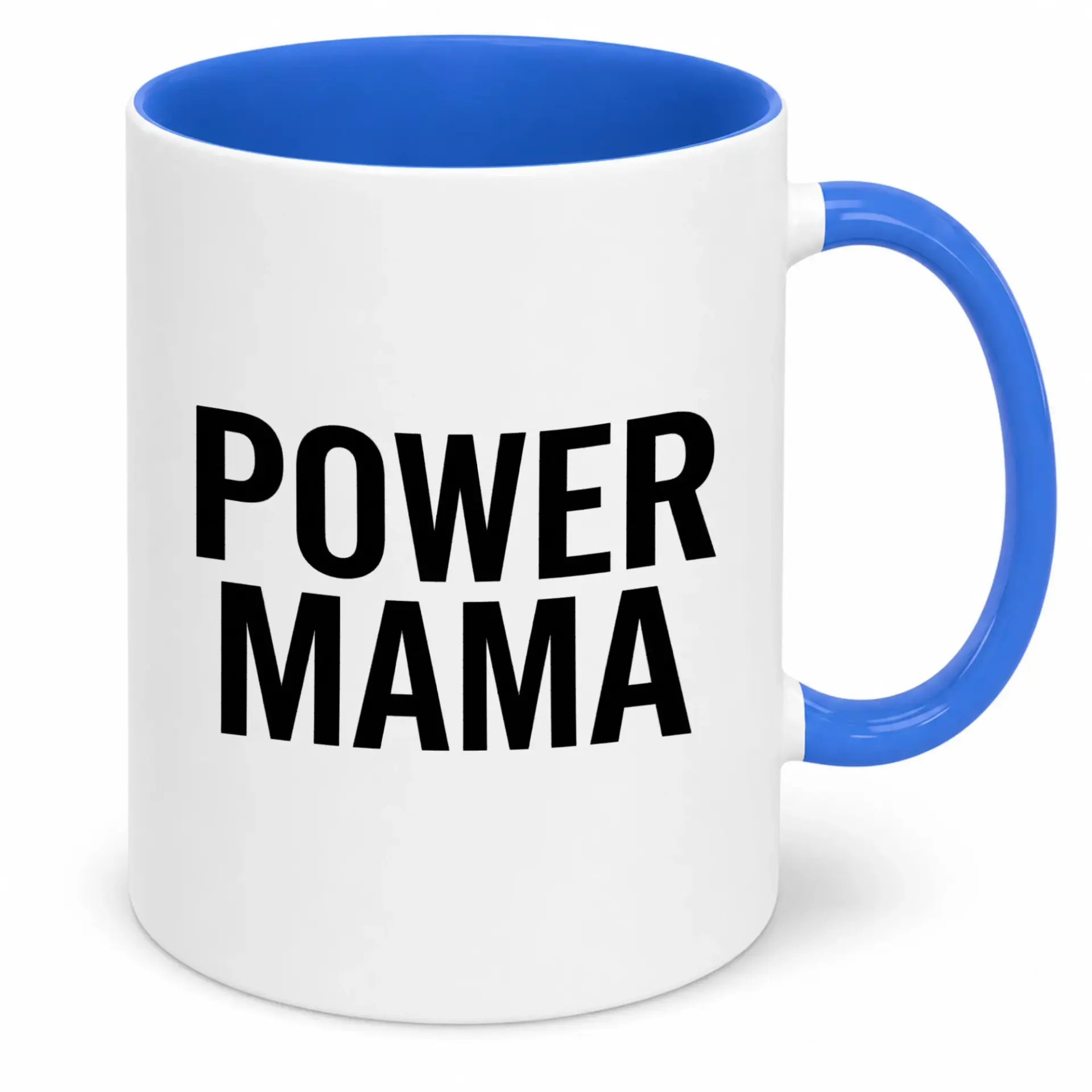 Power Mama Coffee Mug with Blue Handle and Interior Inspirational Ceramic Beverage Cup Strong Mom Gift for Her Daily Motivational Drinkware