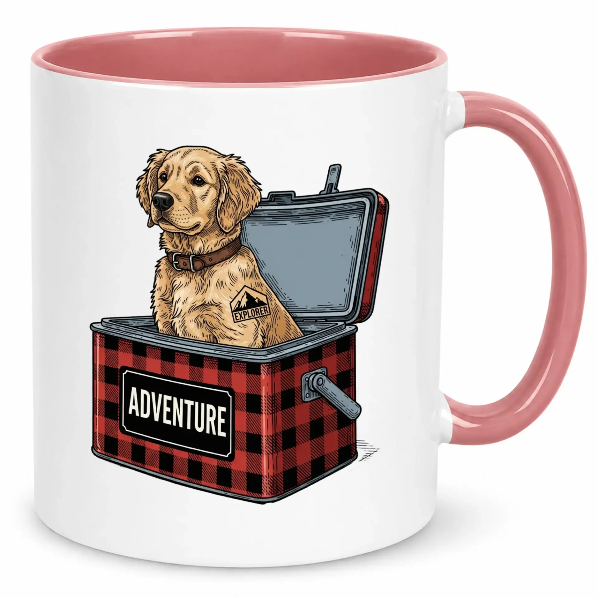 Ceramic Coffee Mug with Golden Retriever Dog in Cooler Design for Adventure Lovers, Unique 11oz or 15oz Capacity Beverage Cup for Home Office
