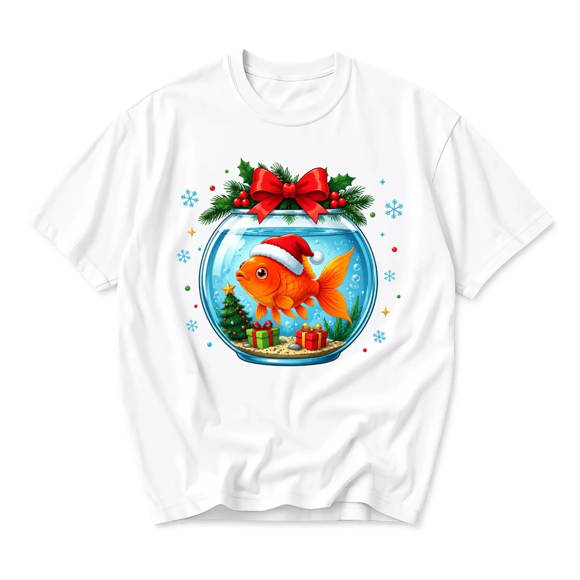 Graphic Tee Unisex Crew Neck Short Sleeve Shirt Featuring Festive Goldfish in a Holiday Themed Fishbowl Design