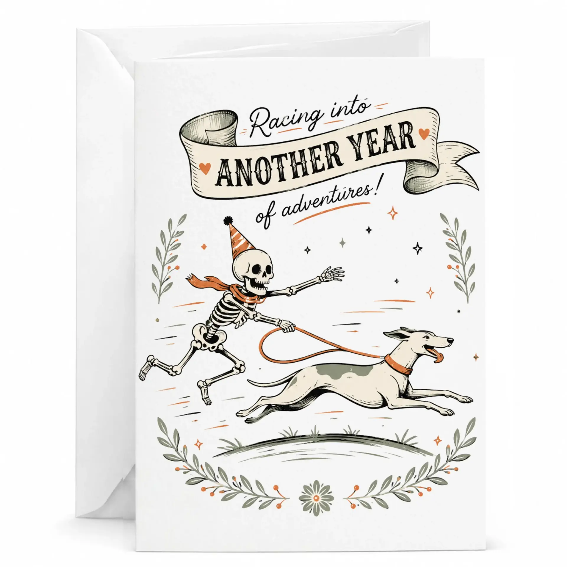 Birthday Card Funny Skeleton Running with Dog Racing into Another Year of Greeting 5x7 Inch
