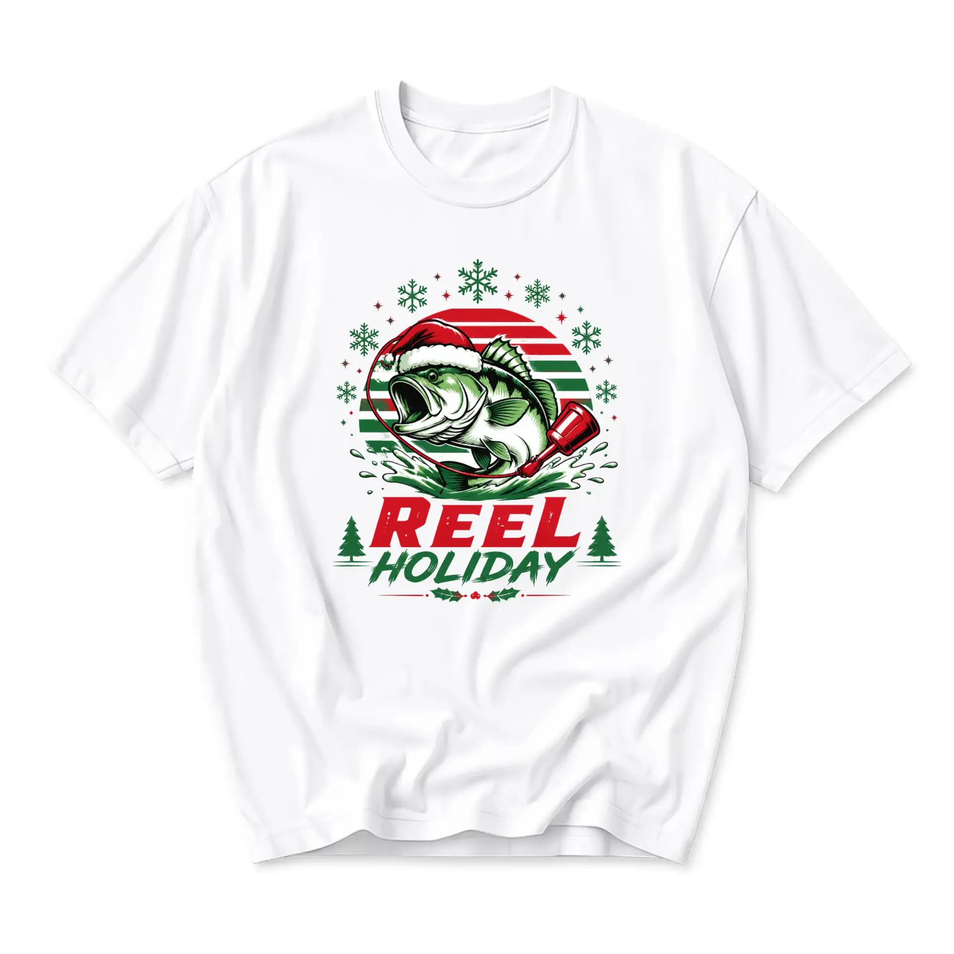 Funny Shirt Reel Holiday Fishing Graphic Tee Christmas Theme Casual Unisex Crew Neck Cotton Blend Apparel Gift Idea