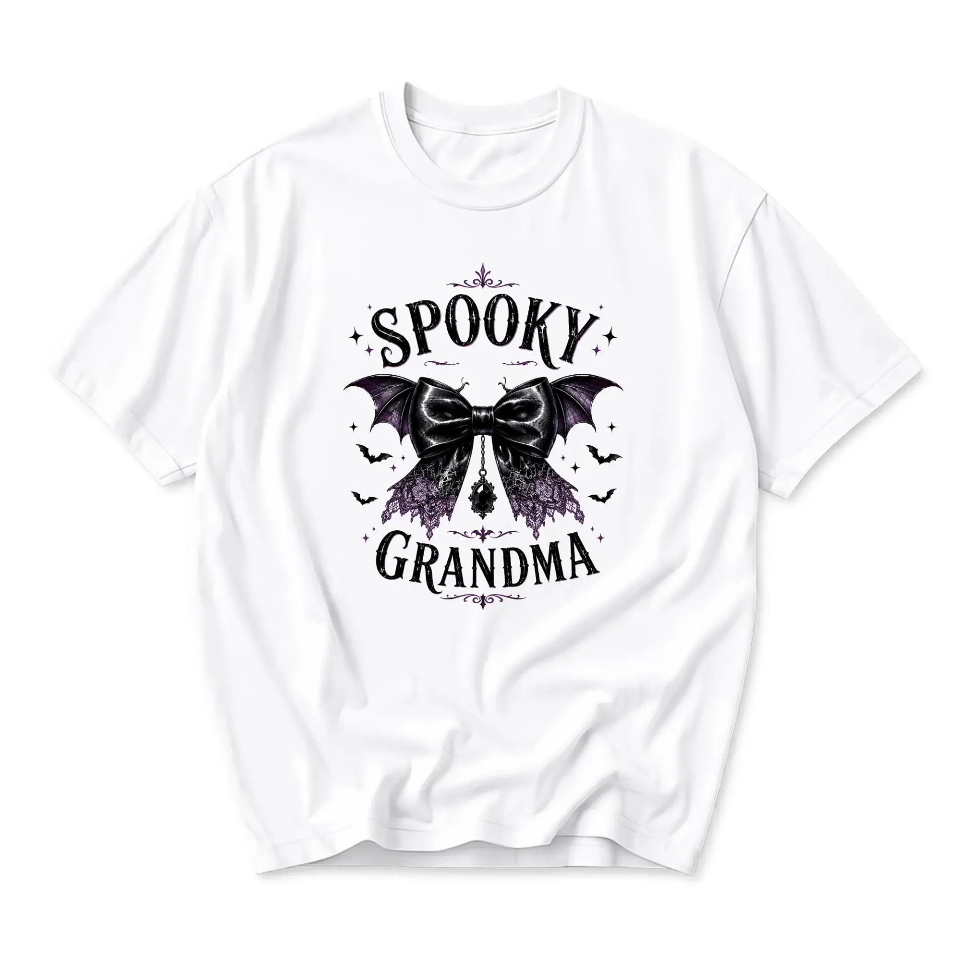 Graphic Tee Spooky Grandma Halloween Bow Bat Wings Print Unisex Casual Crew Neck Soft Cotton Blend Everyday Top Shirt