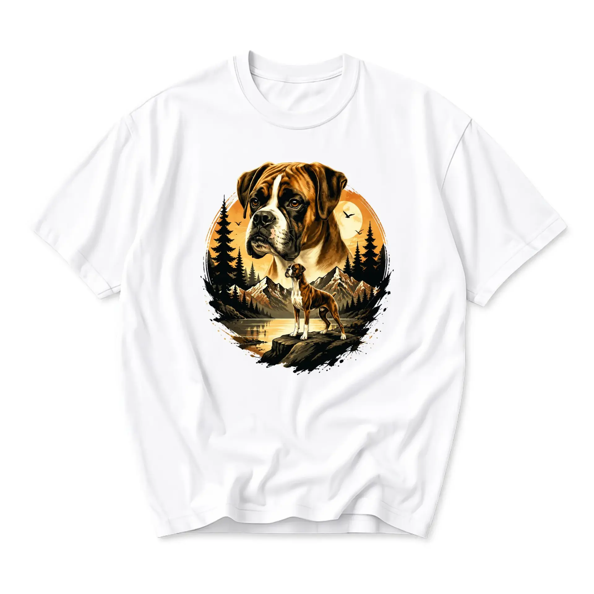 T-shirt Boxer Dog Portrait Graphic Tee Mountain Sunset Art Print Unisex