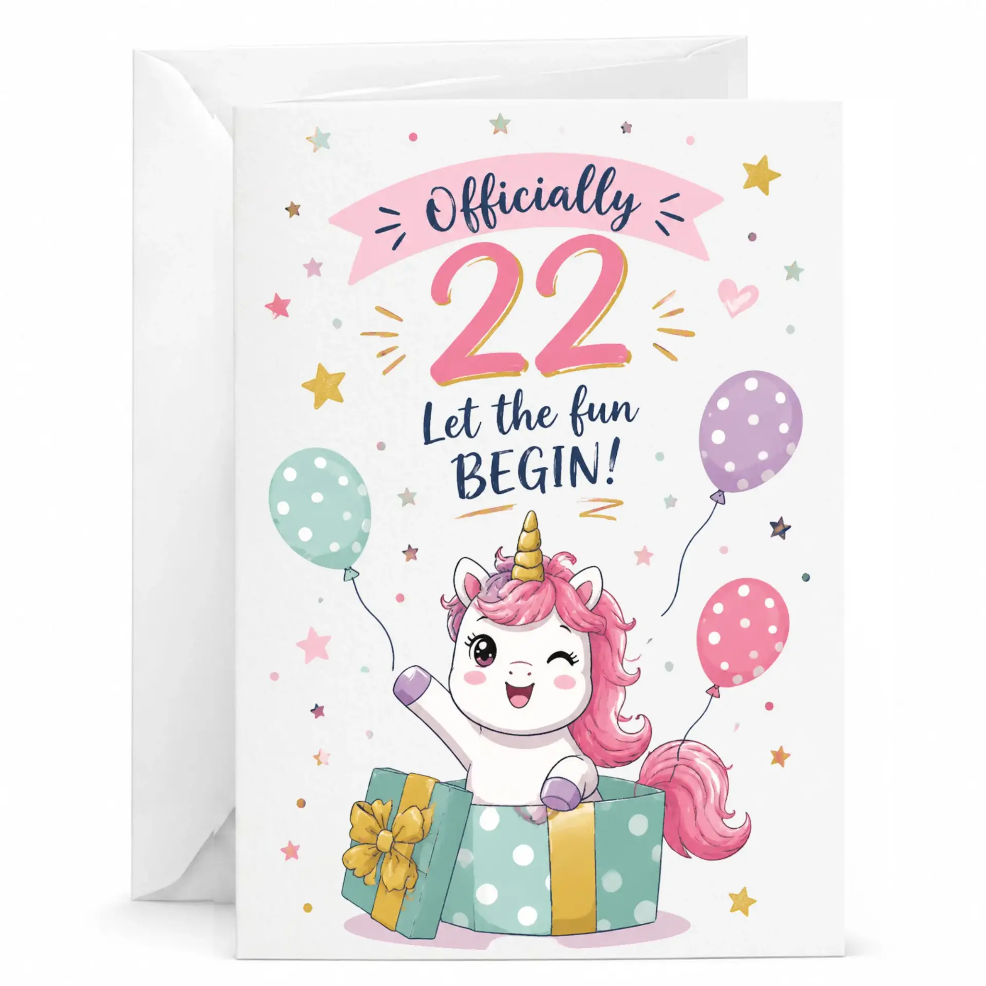 Birthday Card Officially 22 Let the Fun Begin Unicorn Illustration Premium Stationery Greeting Card for Milestone Age