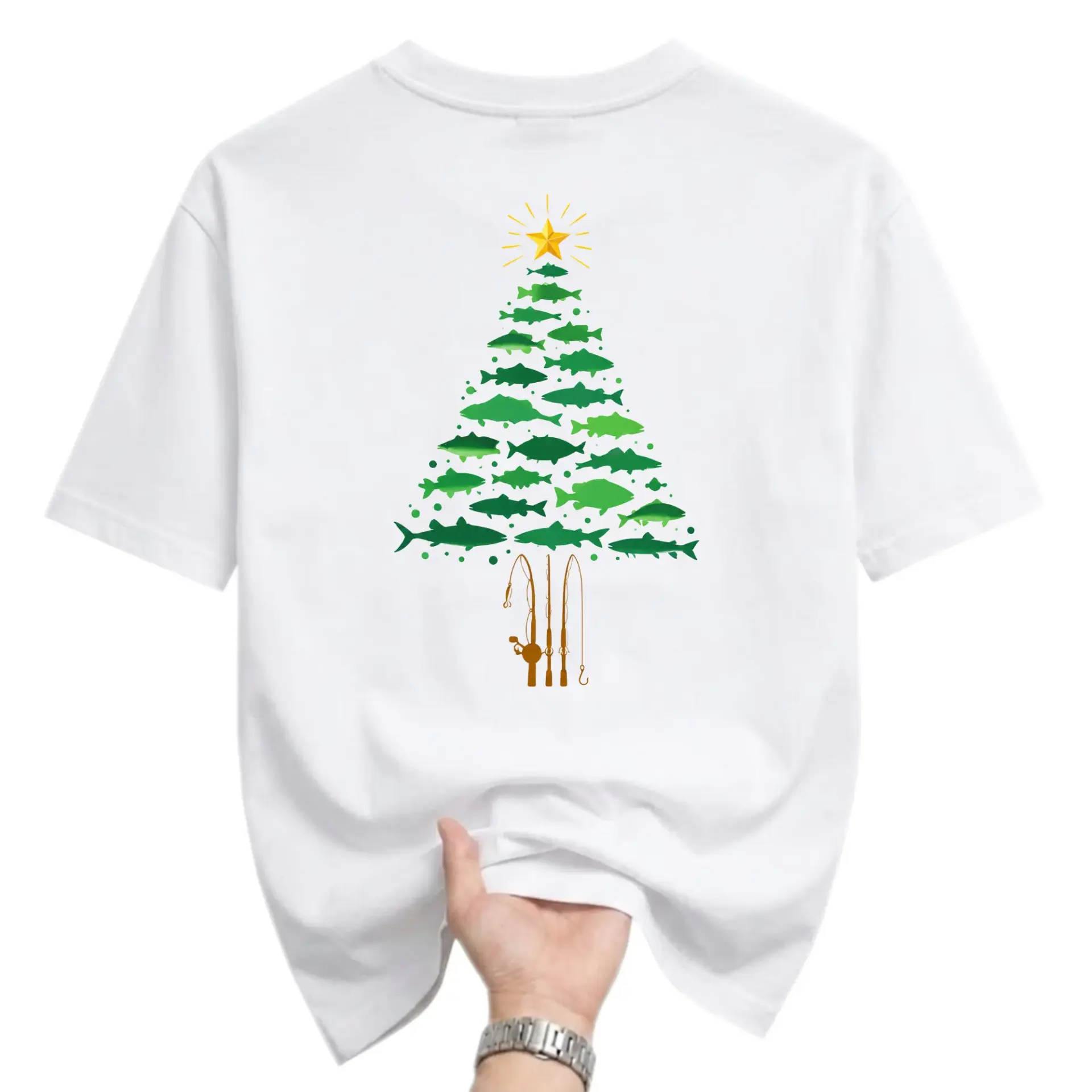T-shirt Fishing Christmas Tree Graphic Print Unisex Casual Cotton Crew Neck