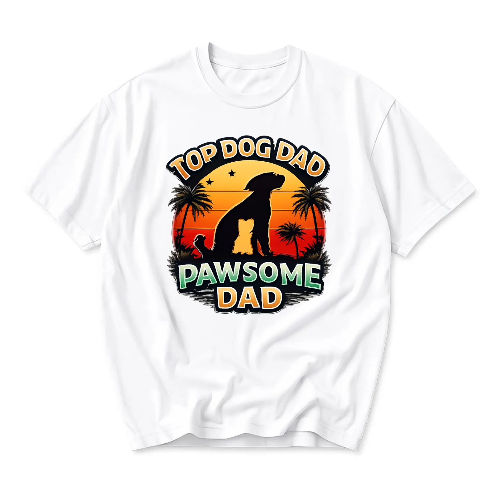 Funny Shirt Top Dog Dad Graphic Tee Pawsome Tropical Sunset Illustration