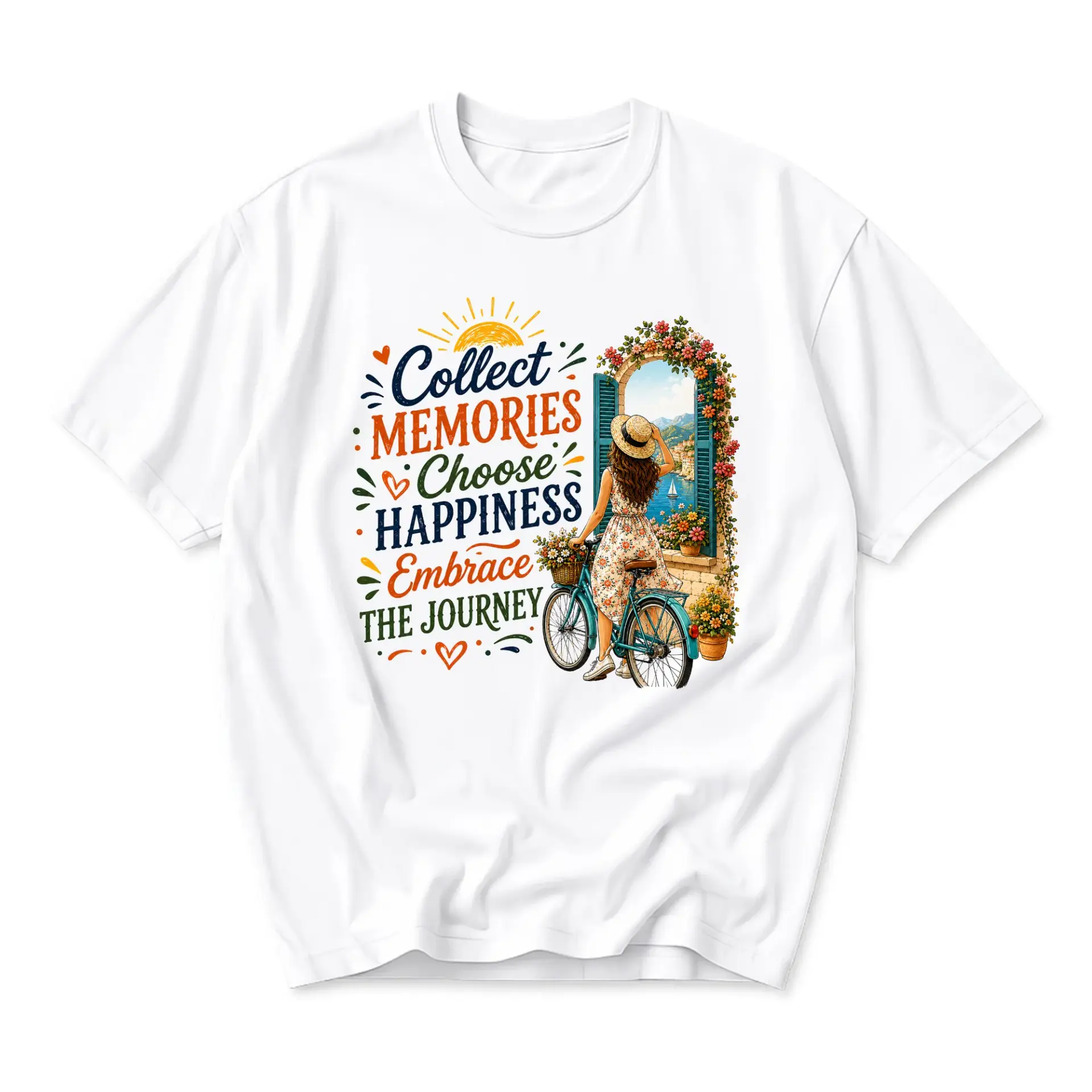 Graphic Tee Collect Memories Choose Happiness Embrace the Journey Inspirational Art Unisex Crew Neck Casual Cotton Shirt