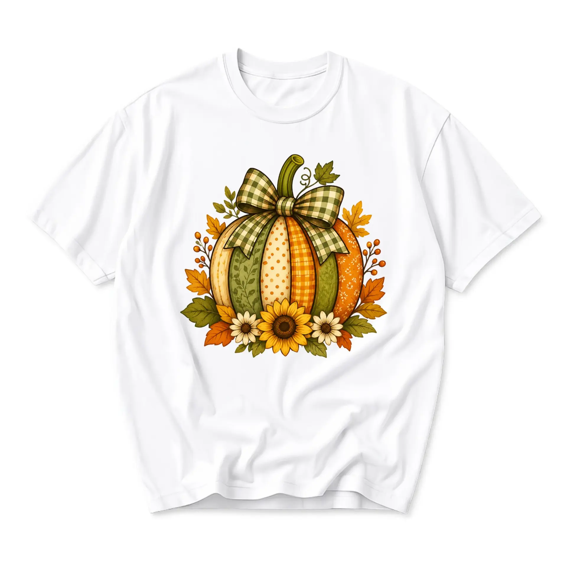 Graphic Tee Unisex Autumn Pumpkin Floral Print Short Sleeve Shirt Casual Fall Seasonal Cotton Blend Apparel White