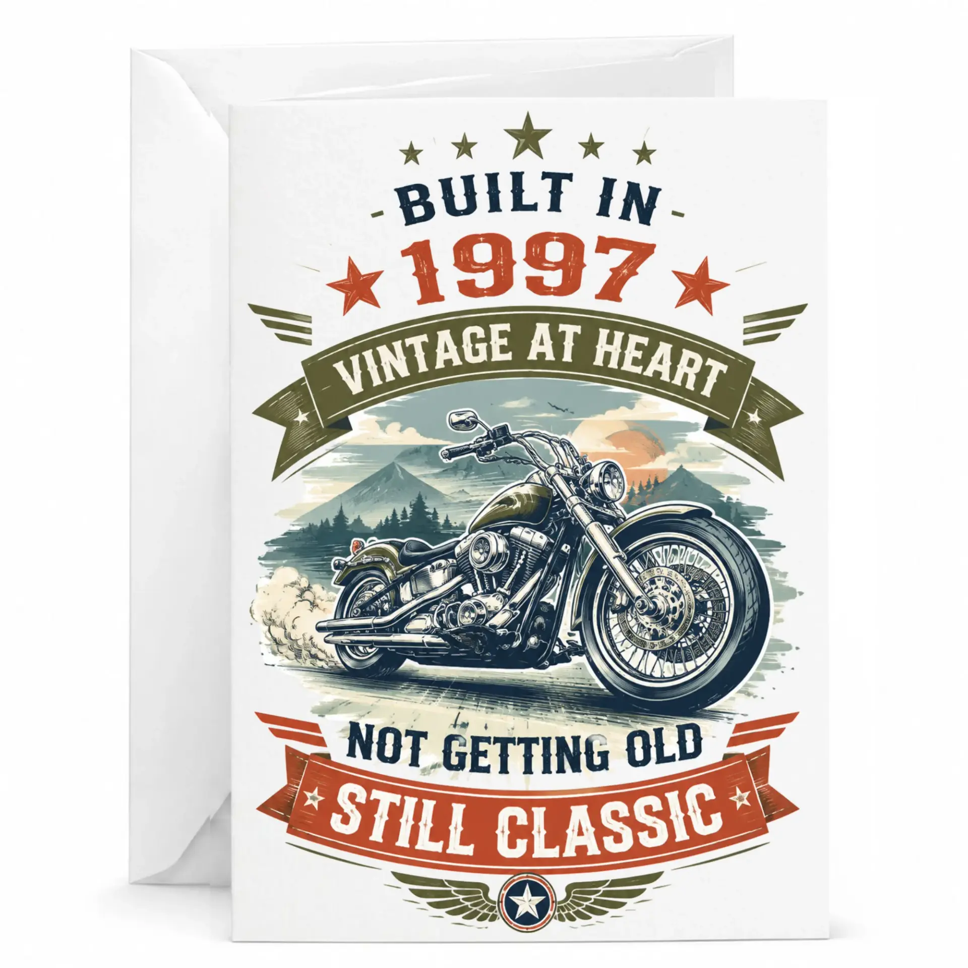 Birthday Card Built in 1997 Vintage at Heart Motorcycle Design for Milestone Birthday and Celebration Keepsake