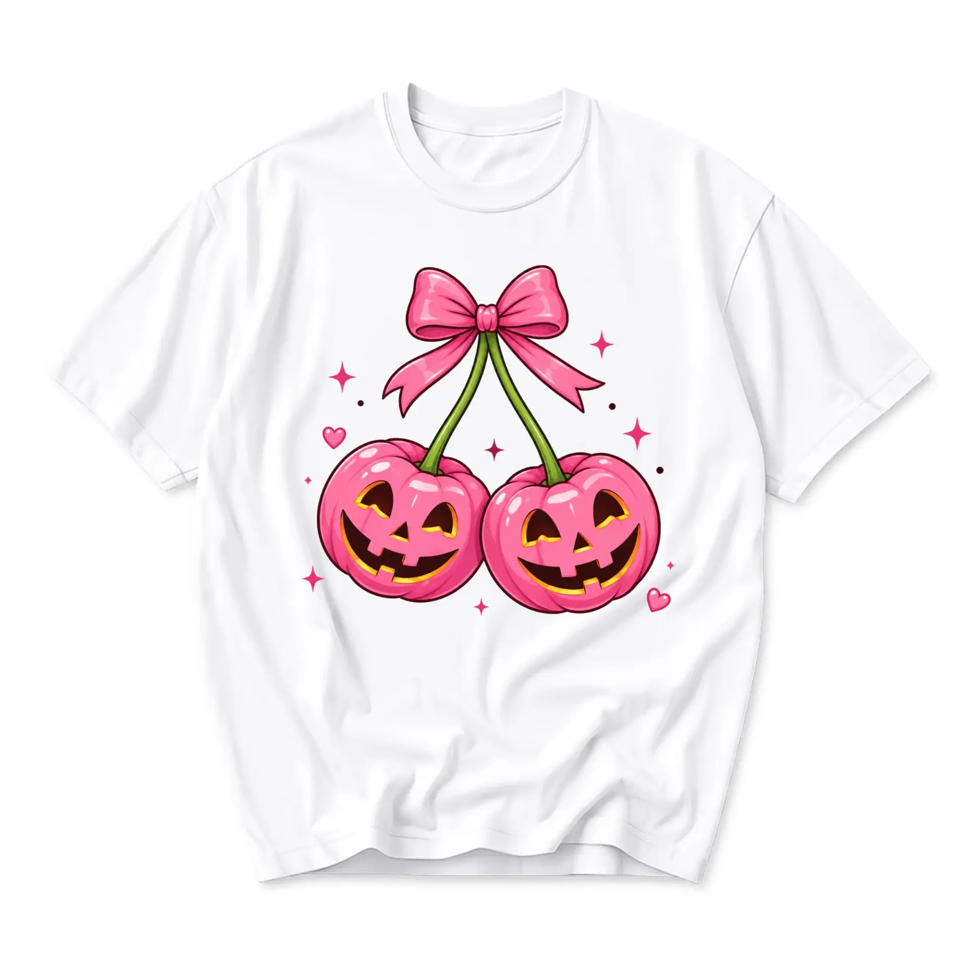Graphic Tee Unisex Pink Cherry Pumpkin Jack O Lantern Halloween Shirt Cute Spooky Aesthetic Crew Neck Casual Apparel