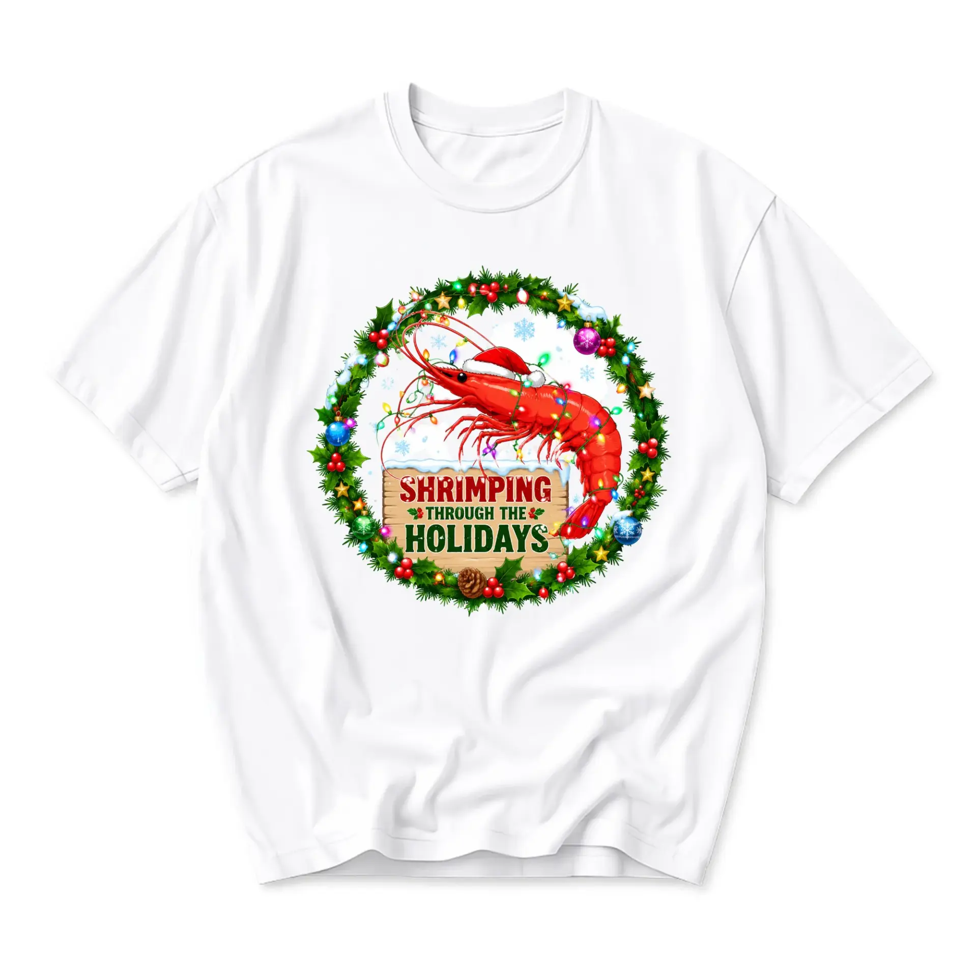 Funny Shirt Shrimping Through the Holidays Graphic Tee Unisex Crew Neck Short Sleeve Casual Cotton Blend Apparel