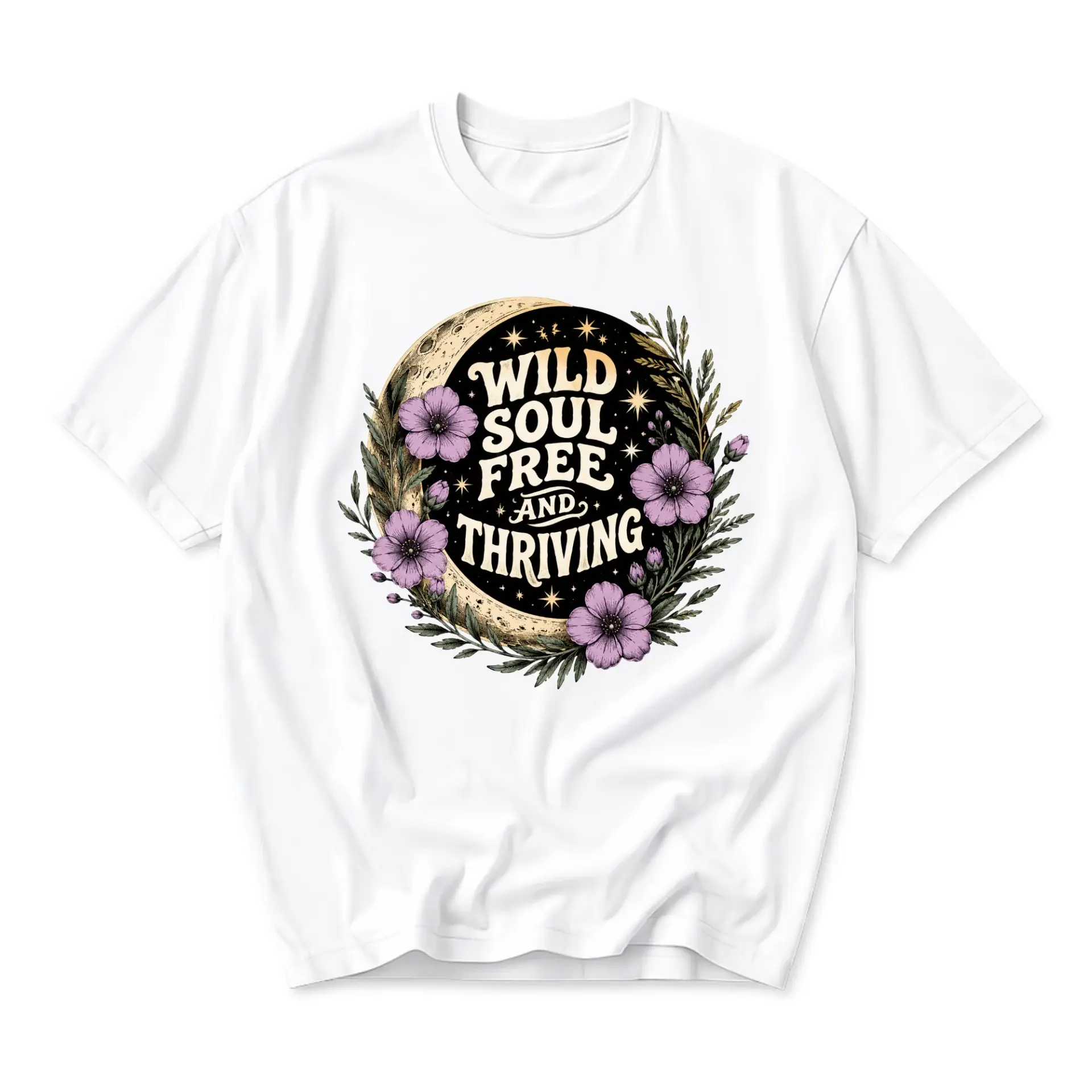 Graphic Tee Wild Soul Free and Thriving Celestial Moon Floral Botanical Design Unisex Crew Neck Casual Cotton Shirt