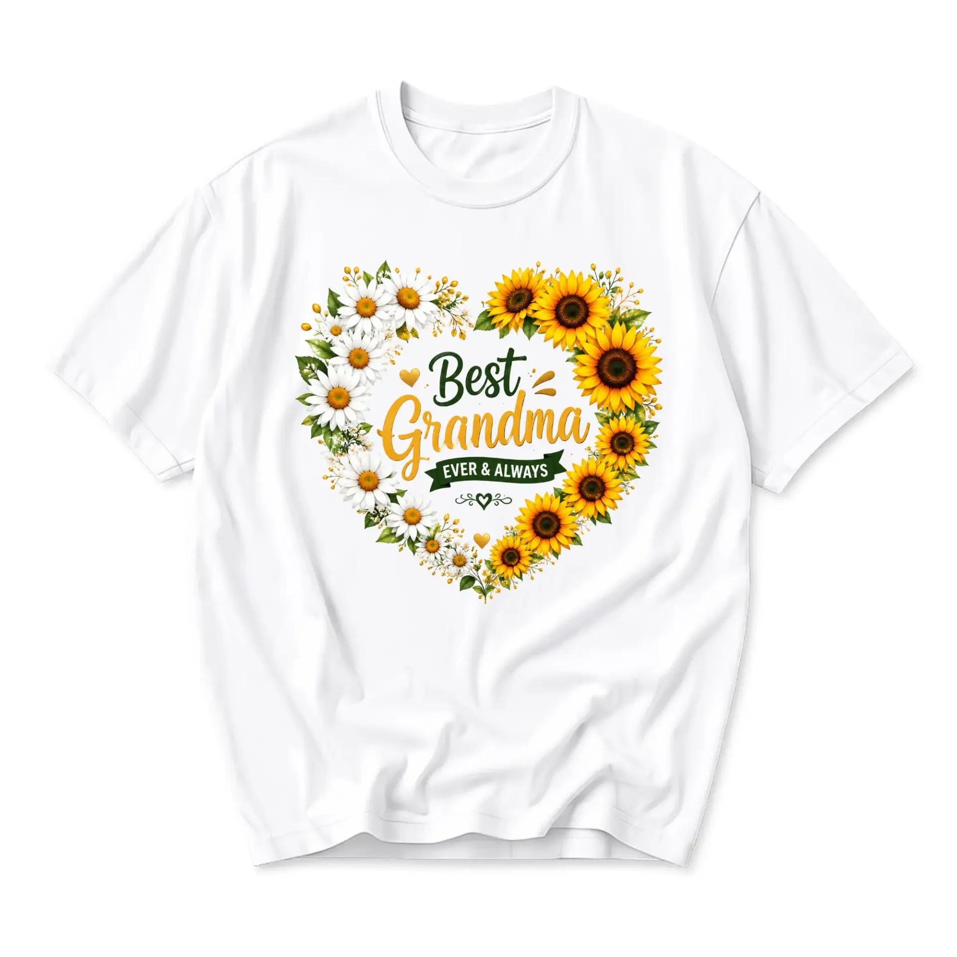T-shirt Best Grandma Ever and Always Sunflower and Daisy Heart Graphic Unisex Cotton Blend Casual Crew Neck Top