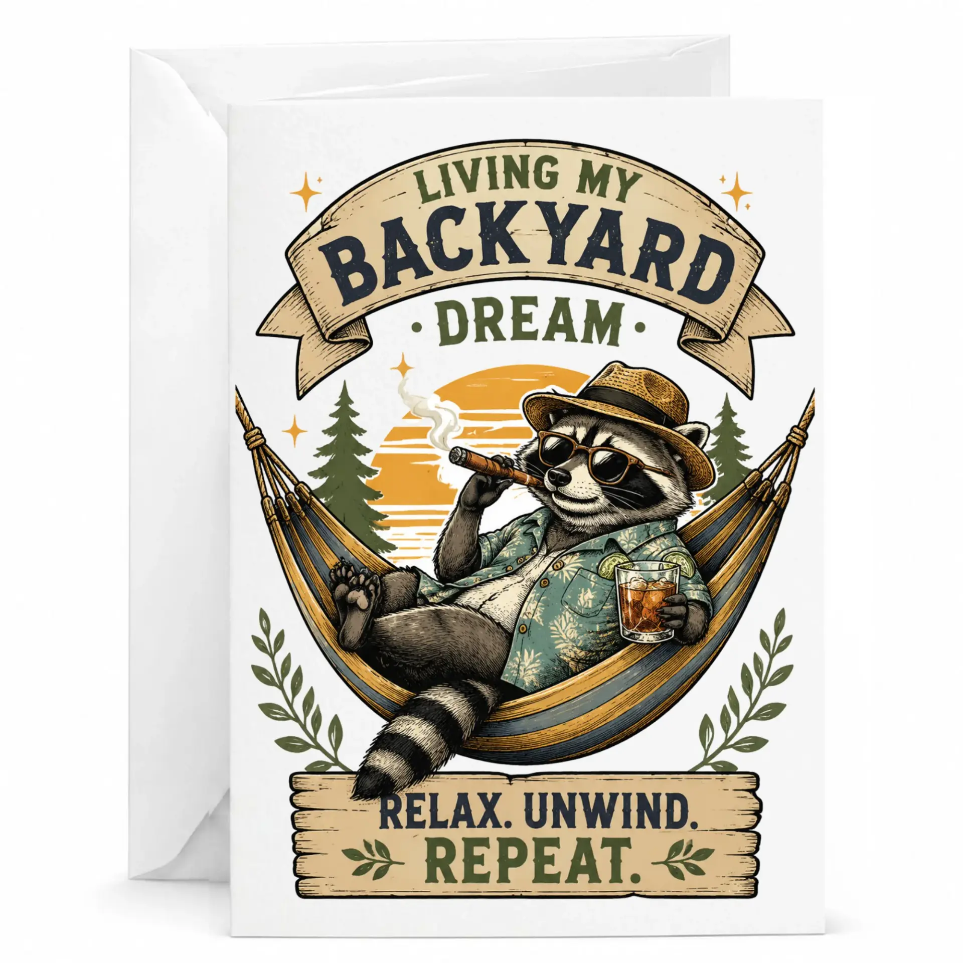 Funny Raccoon Relaxing Greeting Card Backyard Vacation Pun Birthday Note for Him 5x7 Inches Folded