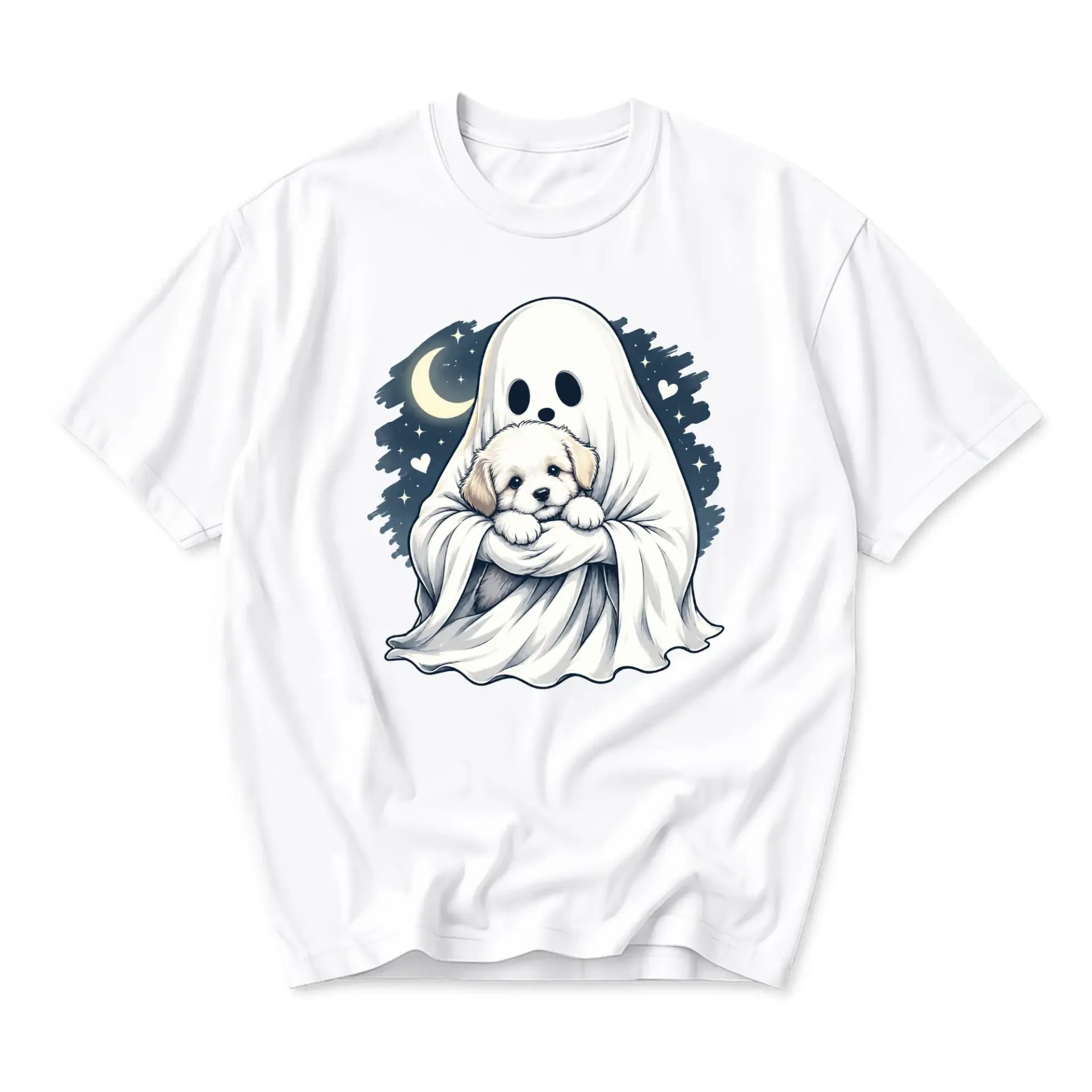Graphic Tee Unisex Ghost Holding a Puppy T-Shirt White Casual Crew Neck Top for Pet Lovers and Halloween Enthusiasts