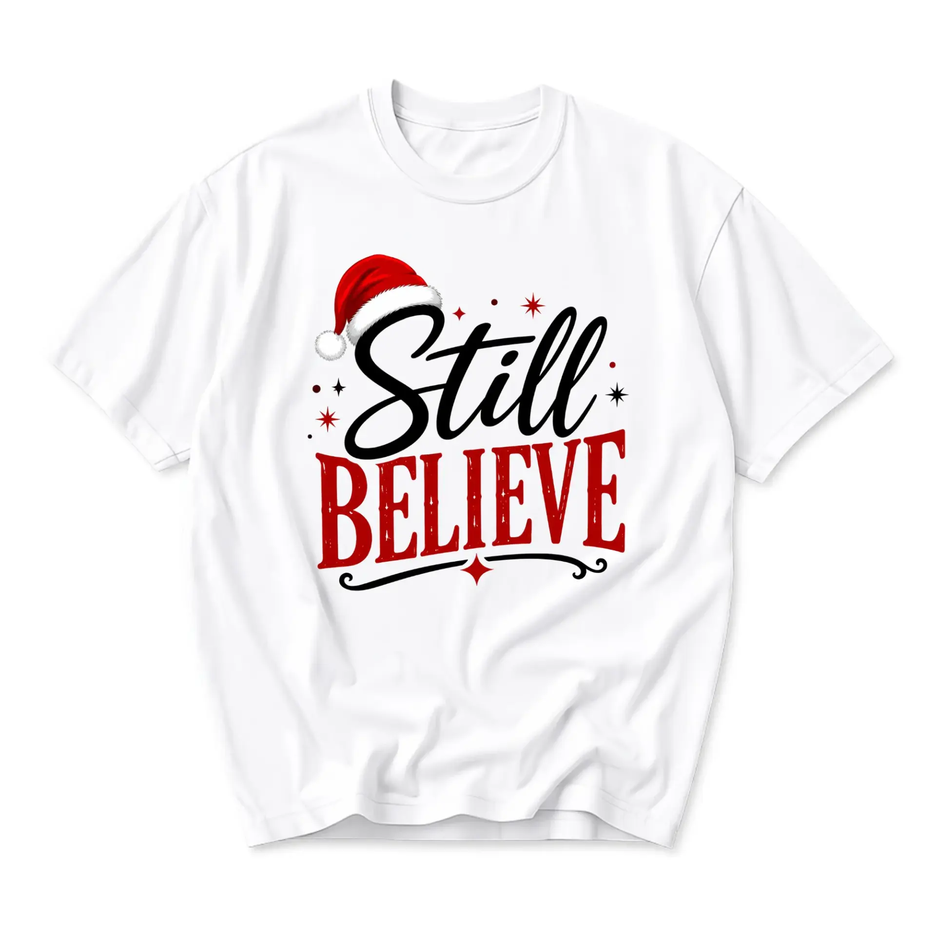 Graphic Tee Still Believe Holiday Santa Hat Design Unisex Casual Crew Neck Comfortable Cotton Blend Short Sleeve Shirt