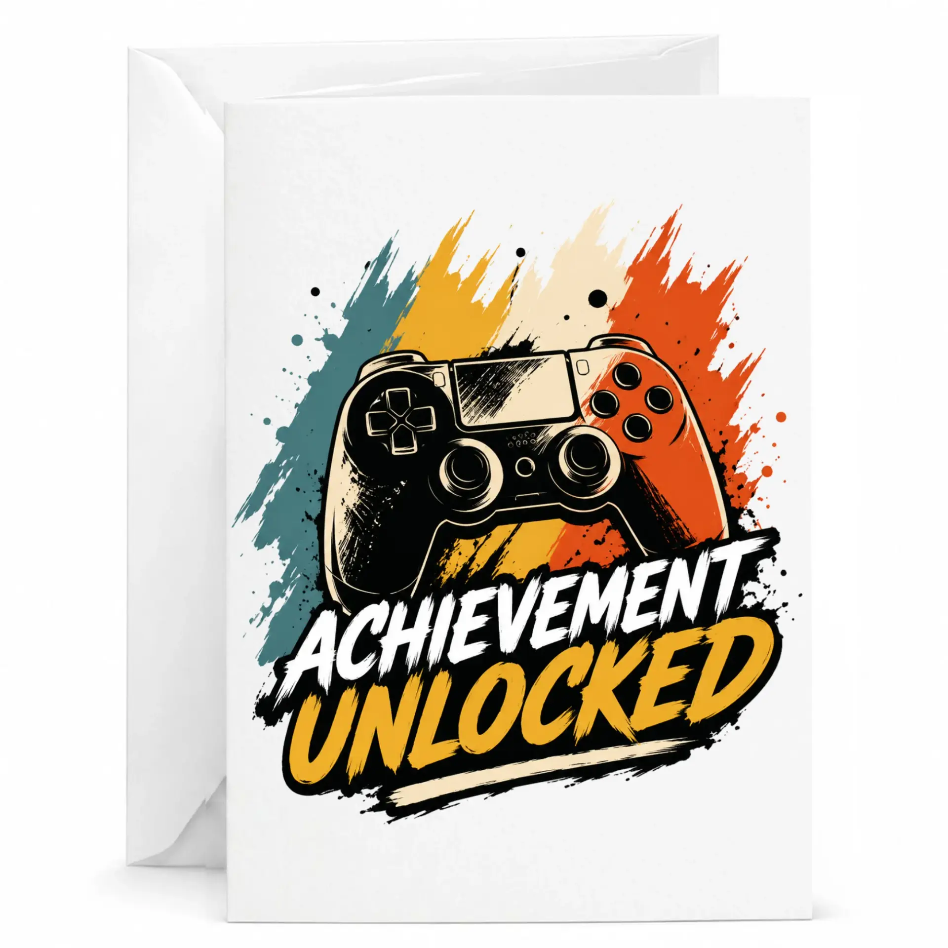 Greeting Card Achievement Unlocked Gaming Theme Funny Congratulations Note for Gamer with Matching White Envelope