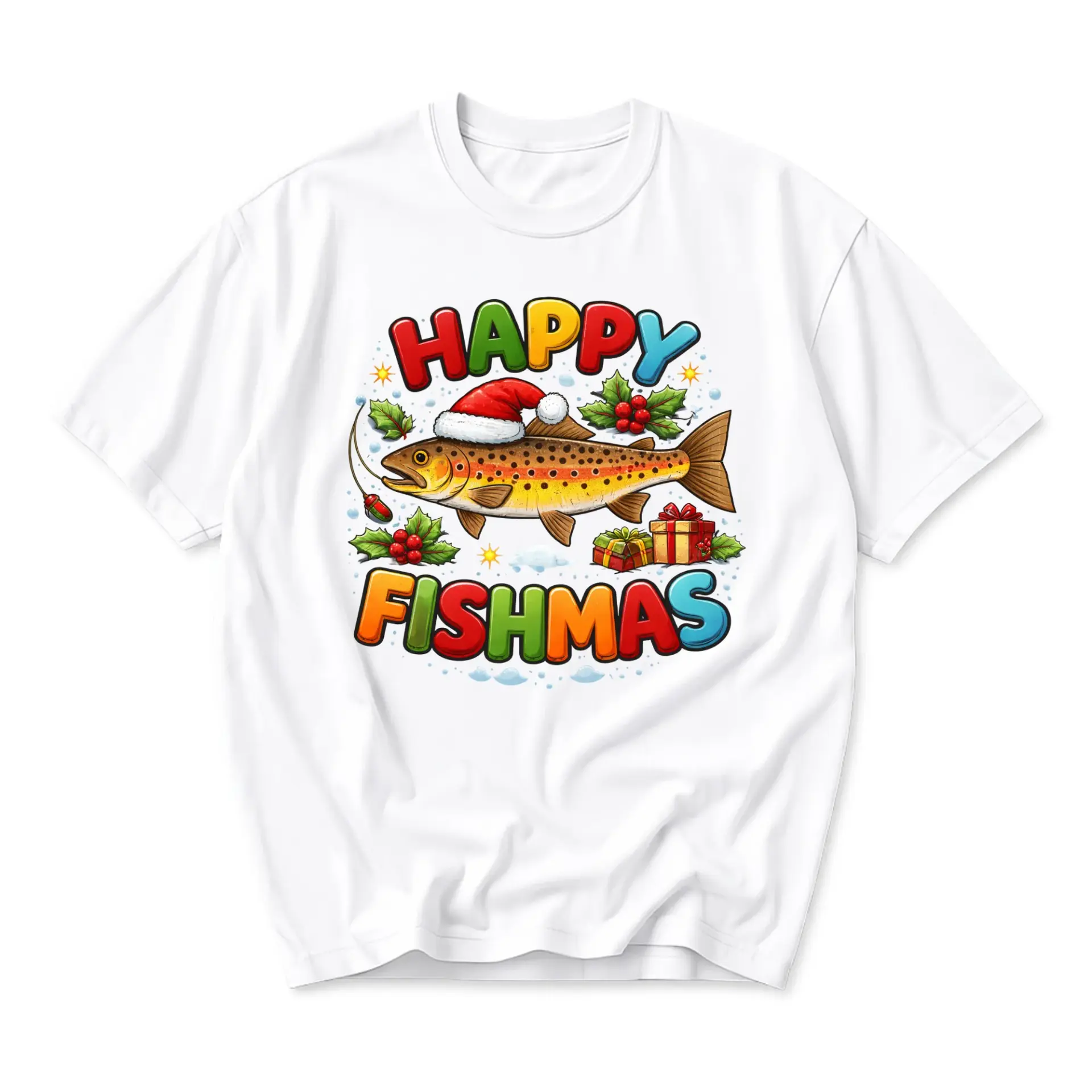 Funny Shirt Happy Fishmas Graphic Tee Unisex Crew Neck Casual Cotton Blend