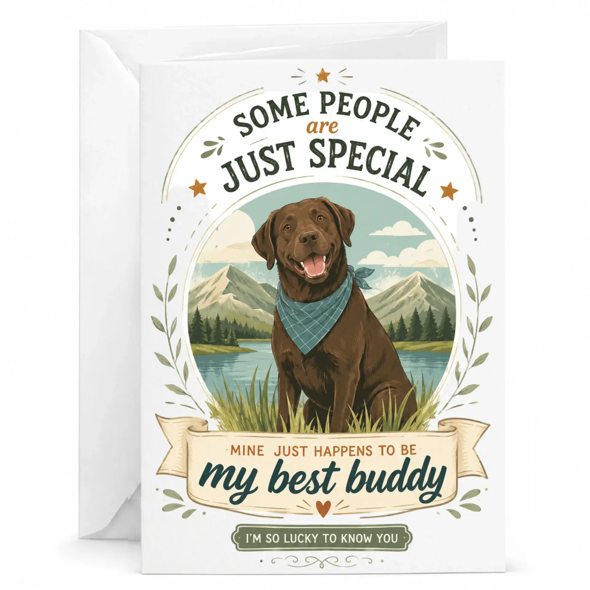 Greeting Card with Funny Chocolate Dog Illustration and Heartfelt for Friends Loved Ones
