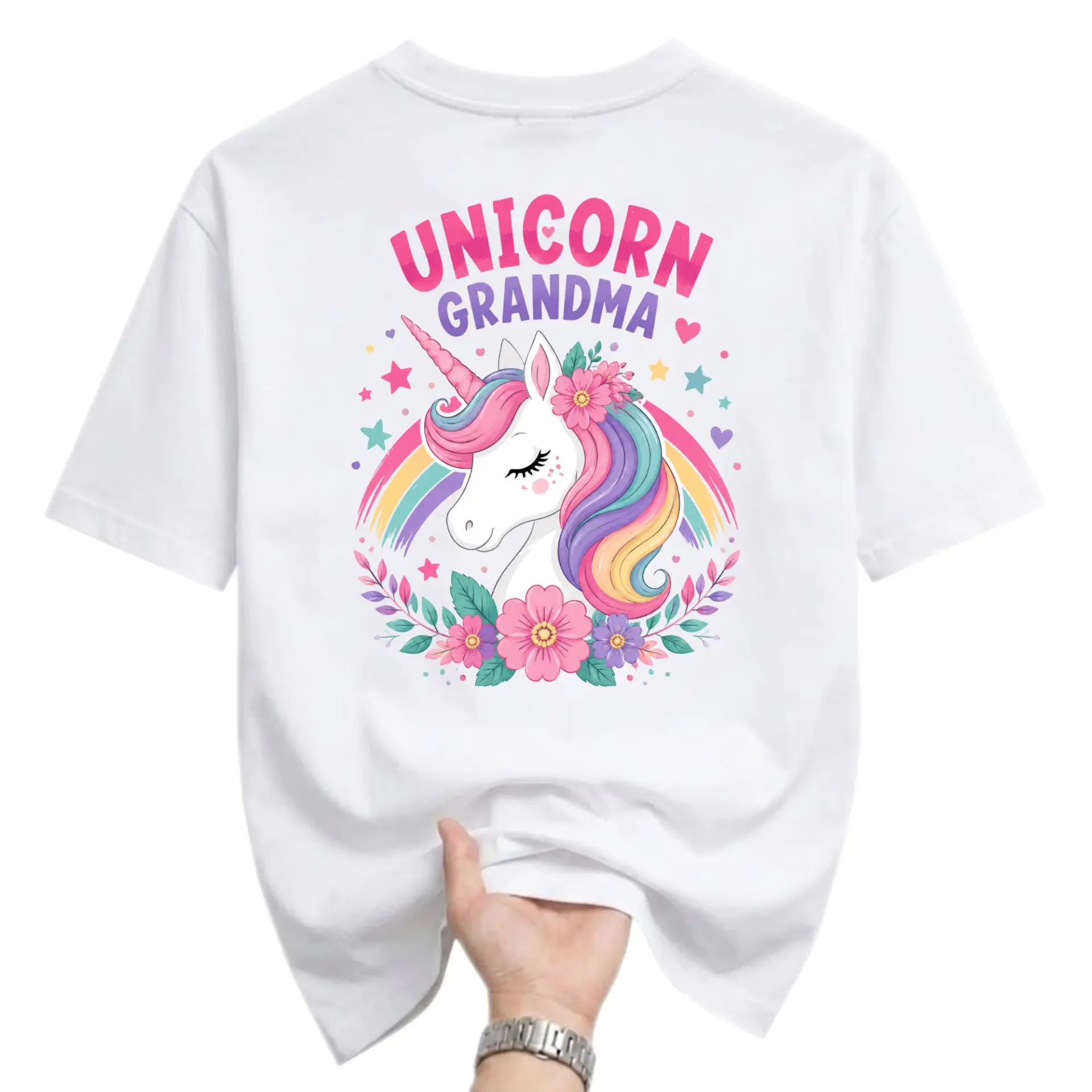 Graphic Tee Unicorn Grandma Floral Rainbow Print Unisex Crew Neck Cotton