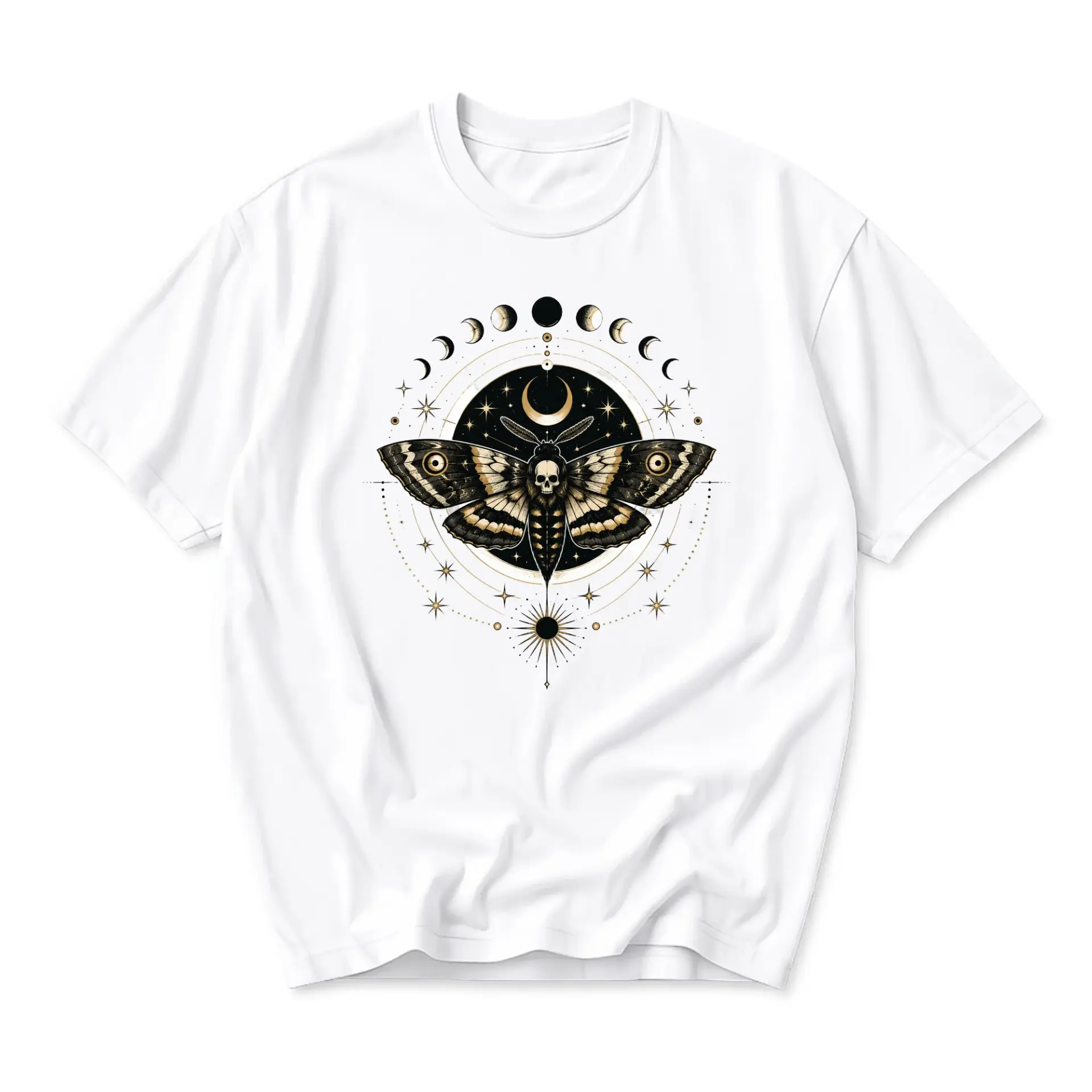 Graphic Tee Unisex Celestial Moth Skull T-Shirt Mystical Lunar Phases Short Sleeve Casual Cotton Blend Apparel