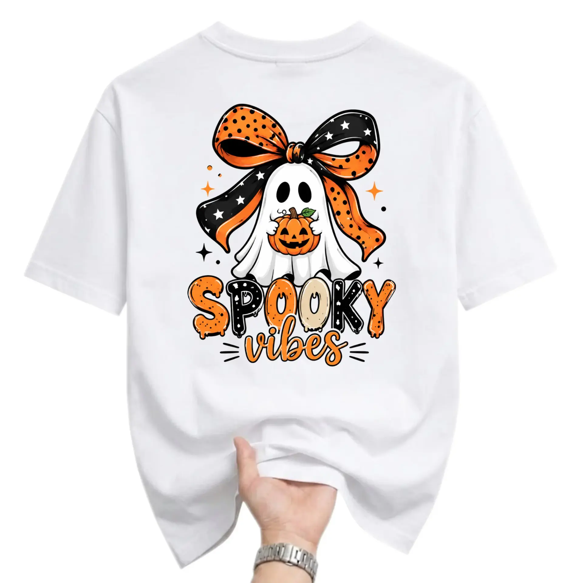 Funny Shirt Spooky Vibes Ghost with Pumpkin Graphic Tee Casual Unisex Short Sleeve Crew Neck Cotton Blend Apparel