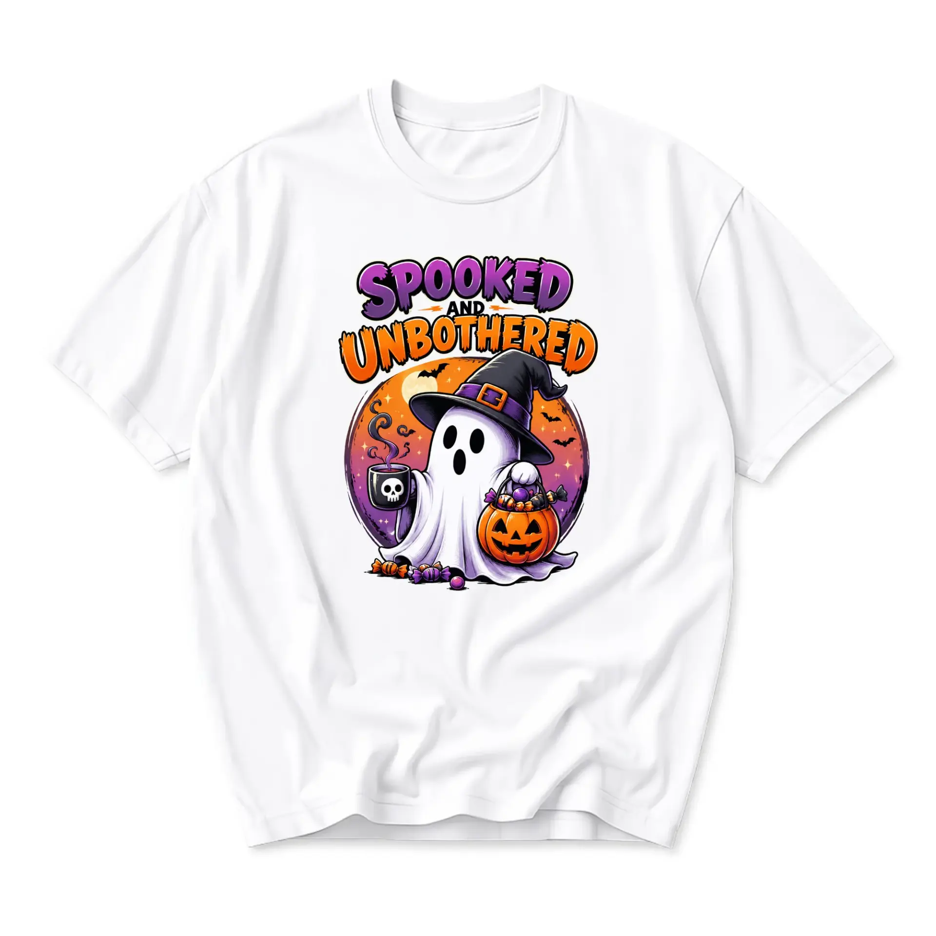 Funny Shirt Spooked and Unbothered Graphic Tee Cute Ghost Wearing Witch Hat Drinking Coffee Autumn Seasonal Apparel