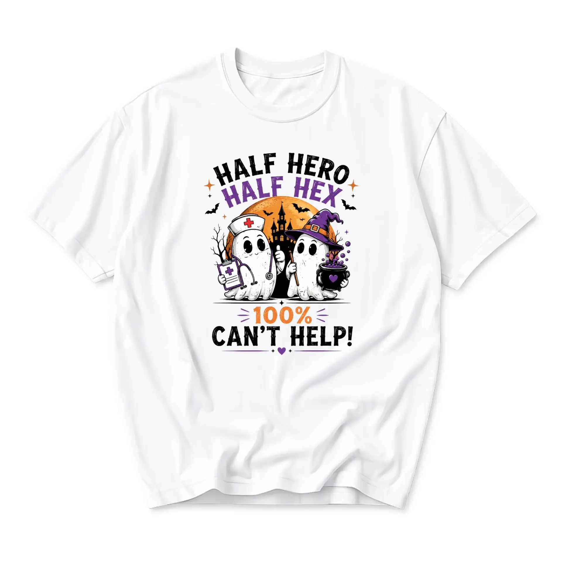 Funny Shirt Half Hero Half Hex Halloween Ghost Graphic Tee Unisex Crew Neck Short Sleeve Casual Cotton Blend Apparel