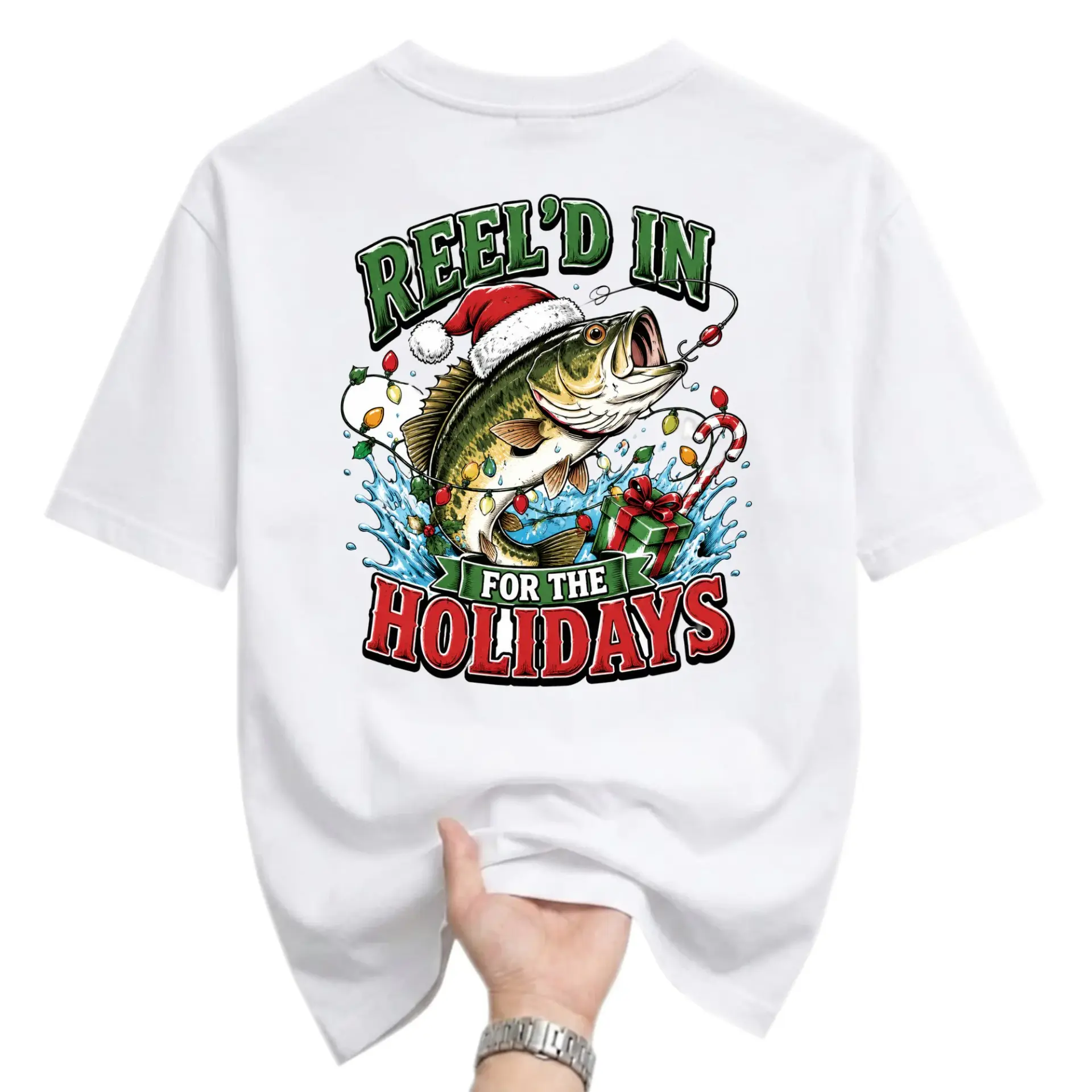 Graphic Tee Unisex Christmas Fishing Shirt Featuring a Fish Wearing a Santa Hat Holiday Seasonal Apparel