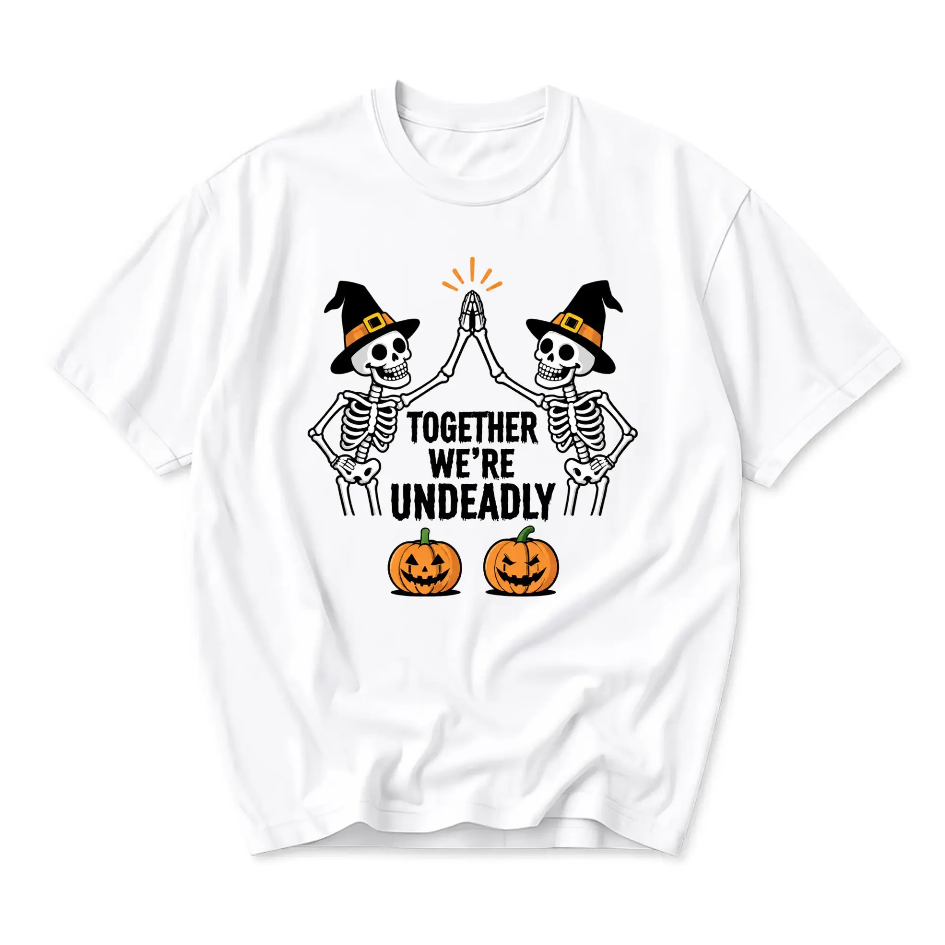 Funny Shirt Together We Are Undeadly Skeleton Witch High Five Graphic Tee Cute Halloween Cotton Crewneck T-Shirt