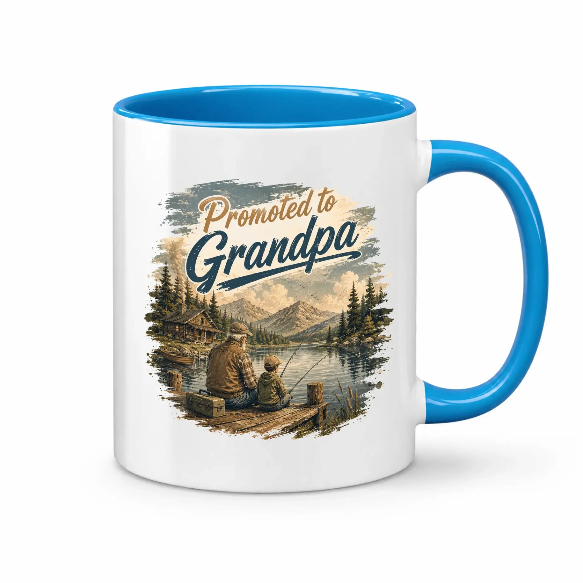 Sentimental Fishing Themed Coffee Mug Gift for New Grandfathers Featuring a Scenic Lake Design Illustration