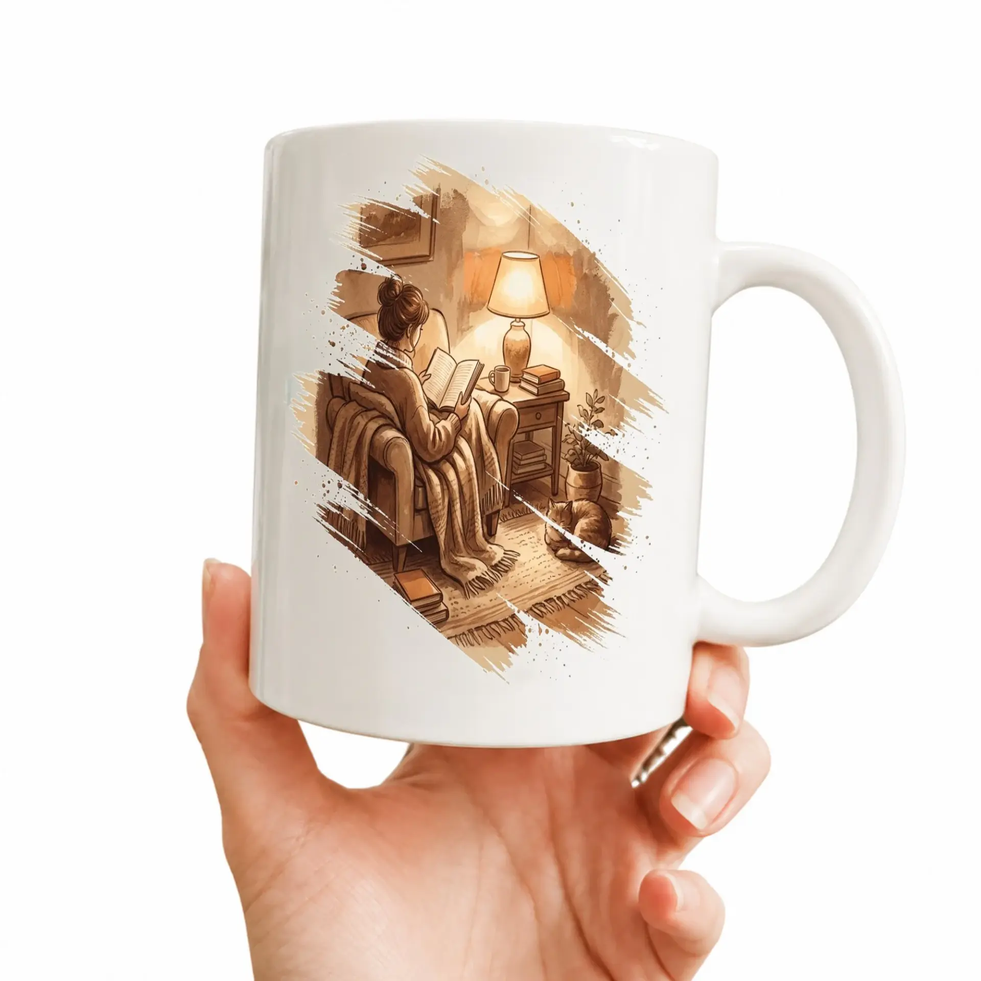 Reading Illustration Coffee Mug Featuring a Person in a Chair with a Cat Comfortable Room Setting