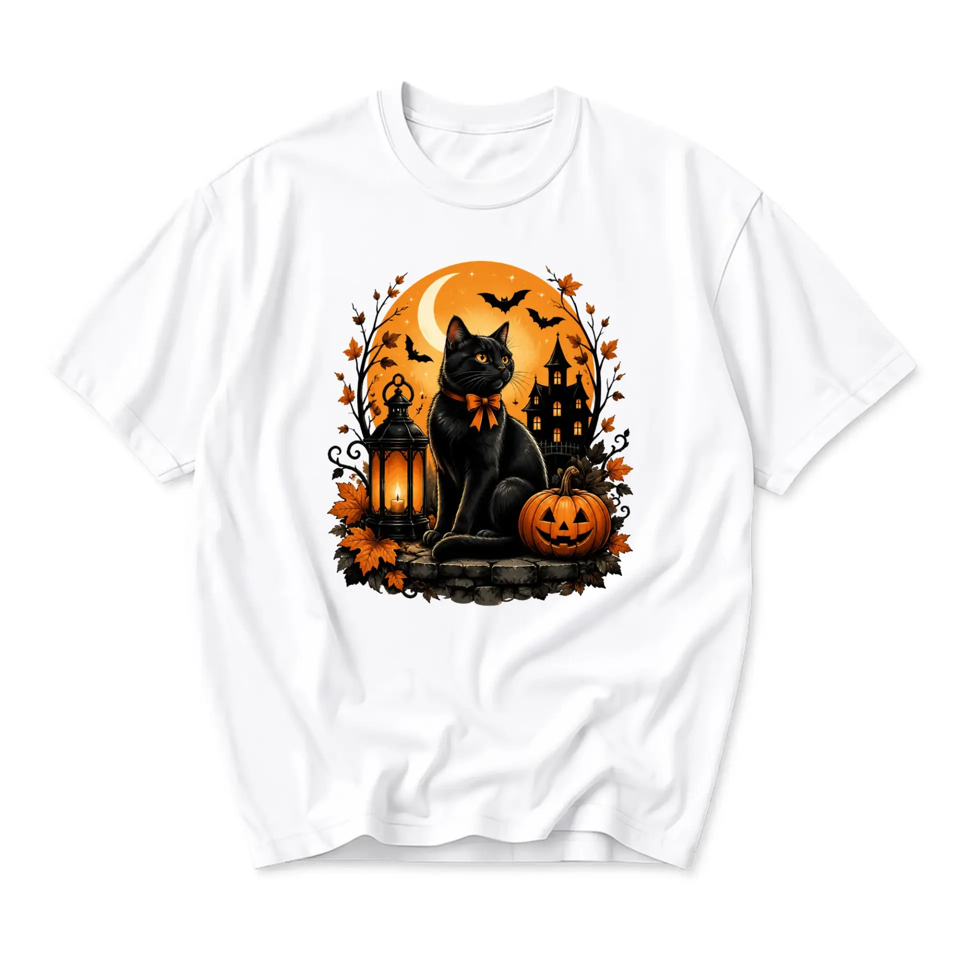 Graphic Tee Black Cat Autumn Halloween Pumpkin Lantern Print Unisex Crew Neck Casual Everyday Short Sleeve Shirt