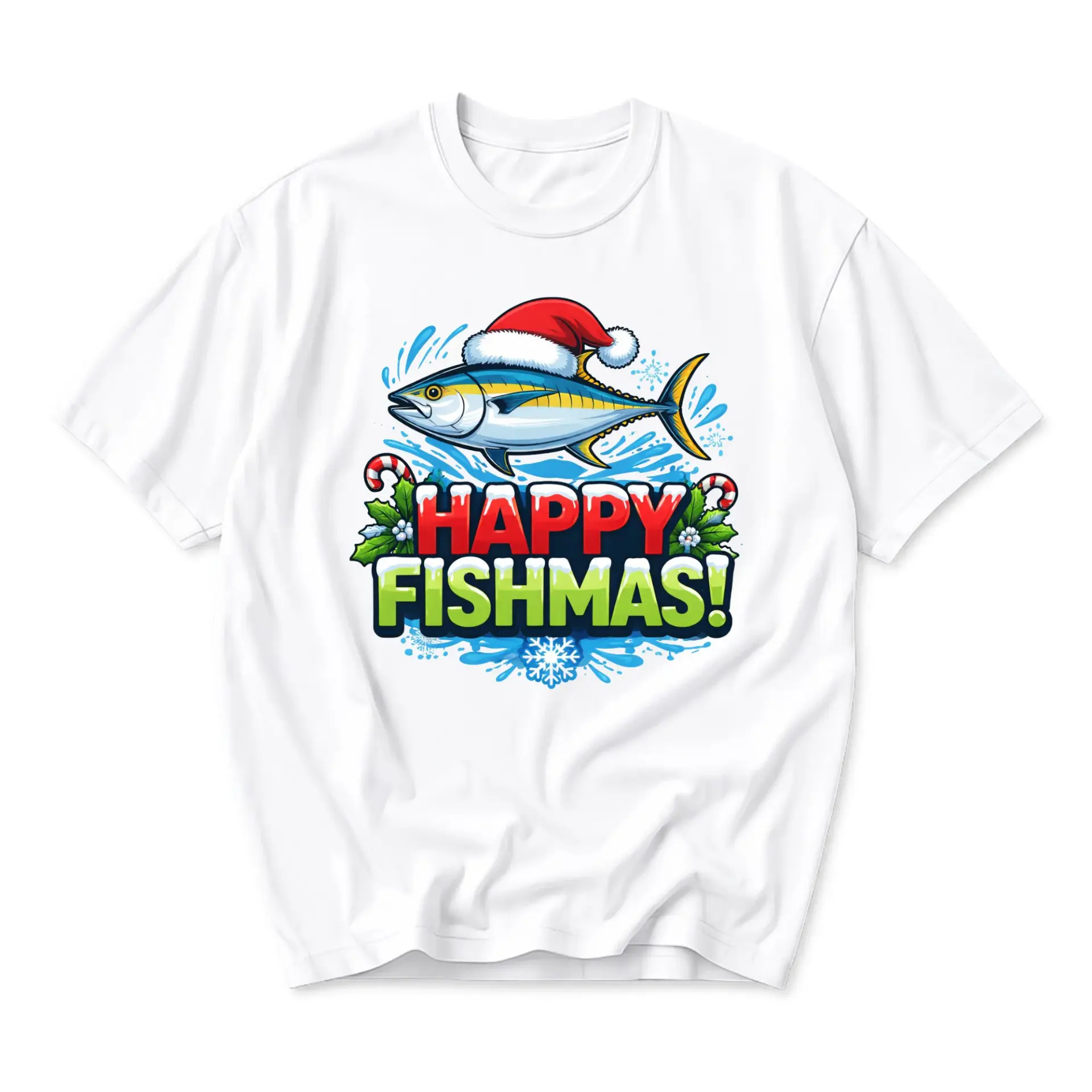 Graphic Tee Happy Fishmas Fish Santa Hat Christmas Holiday Unisex Crew Neck Short Sleeve Casual Cotton Blend Shirt