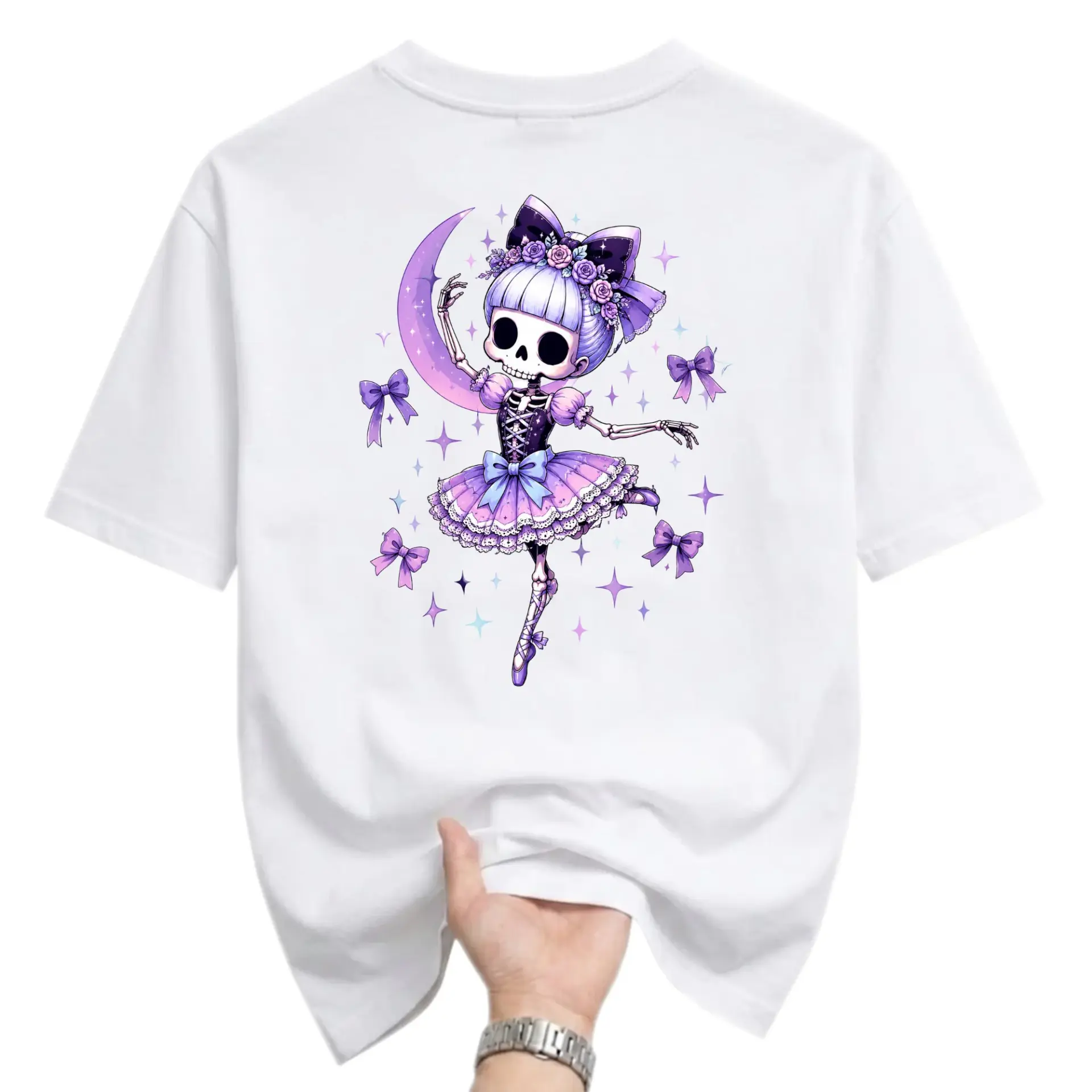 Graphic Tee Unisex Short Sleeve Crew Neck Shirt Featuring a Whimsical Skeleton Ballerina Design in Purple Tones