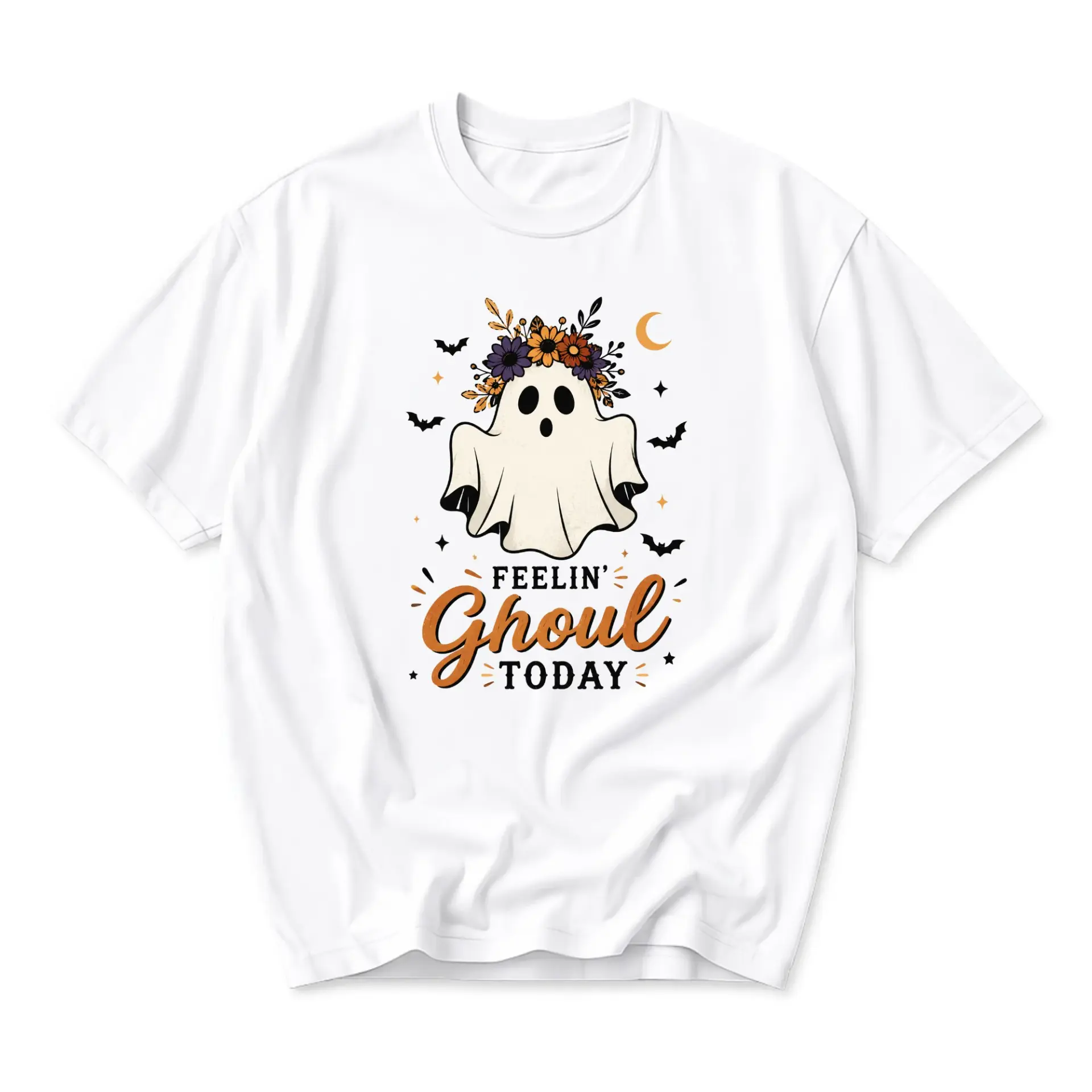 Funny Shirt Feelin Ghoul Today Graphic Tee Cute Ghost Illustration Apparel for Seasonal Casual Wear Cotton Crew Neck