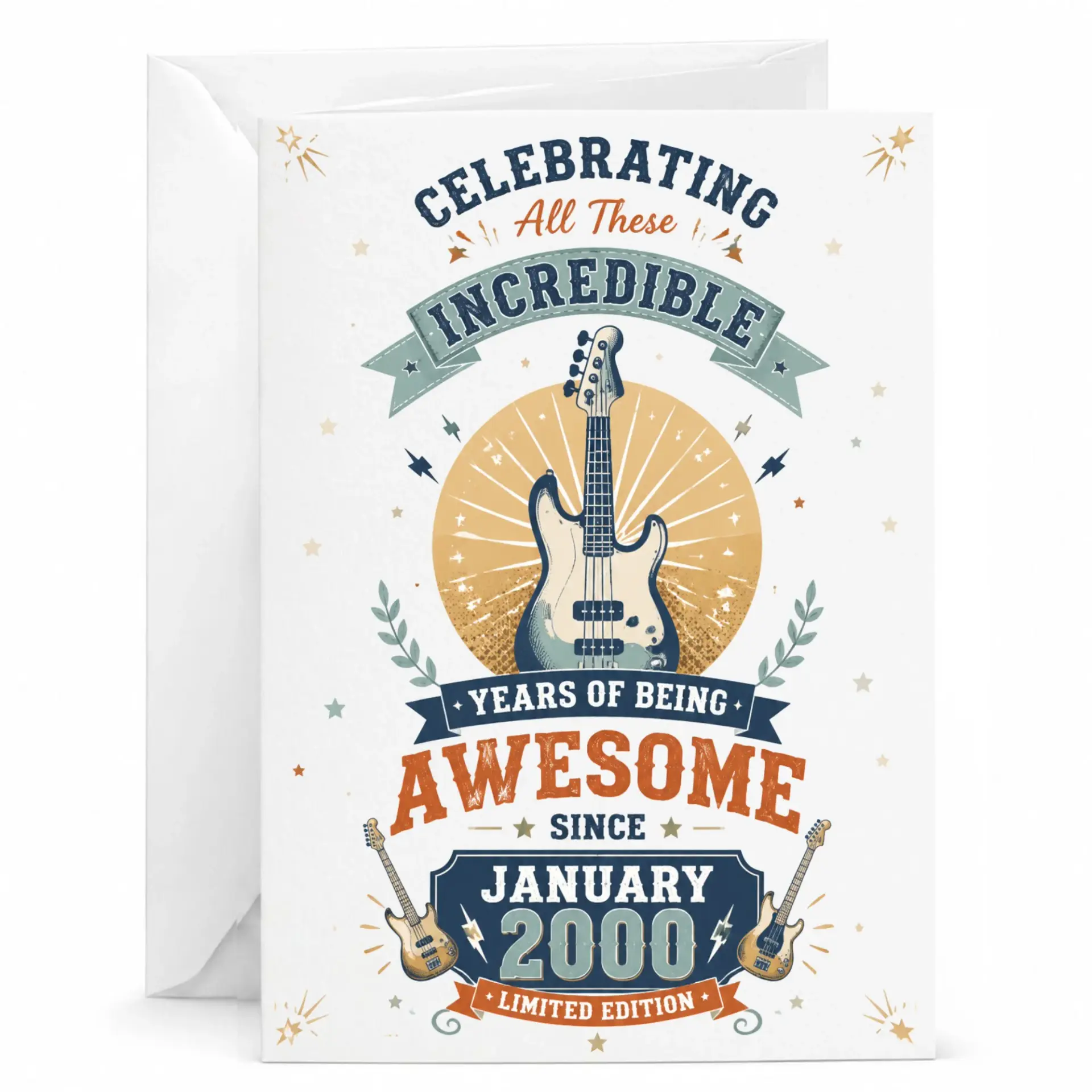Greeting Card for Musician or Music Lover Featuring Electric Guitar Design Celebrating January 2000 Birth Year Milestone