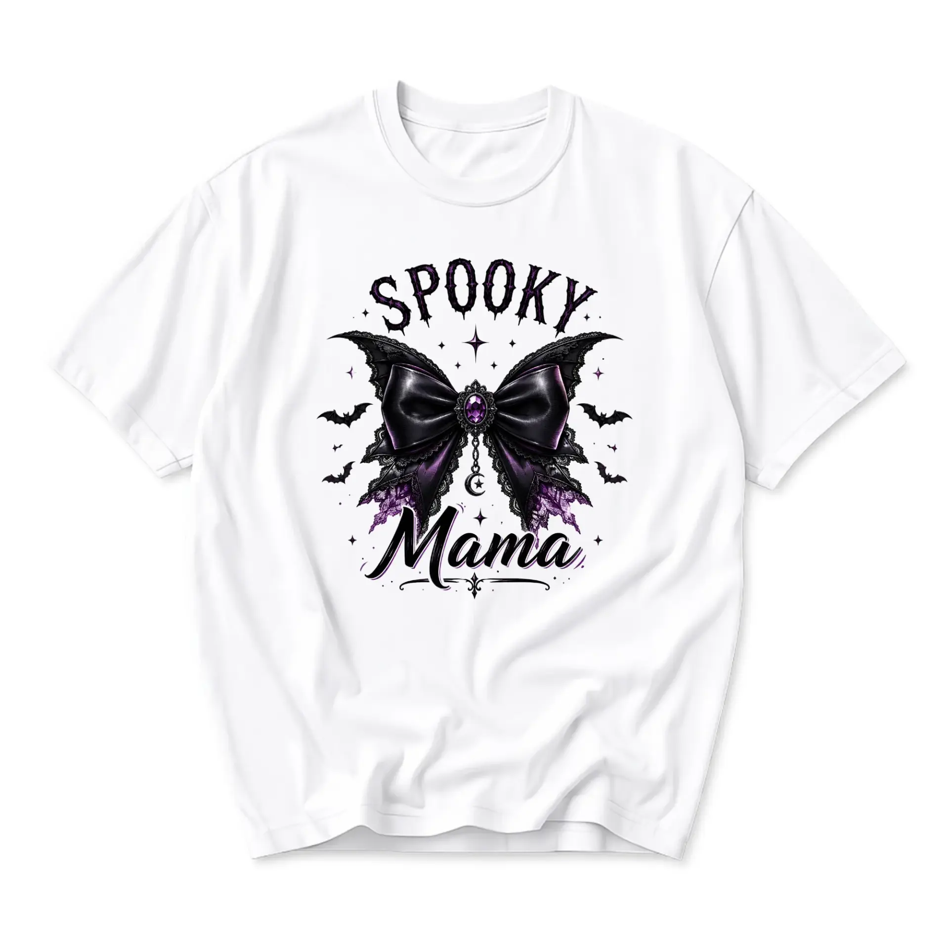 Graphic Tee Spooky Mama Gothic Bow Butterfly Design Unisex Crew Neck Soft Cotton Blend Casual Everyday Short Sleeve Shirt