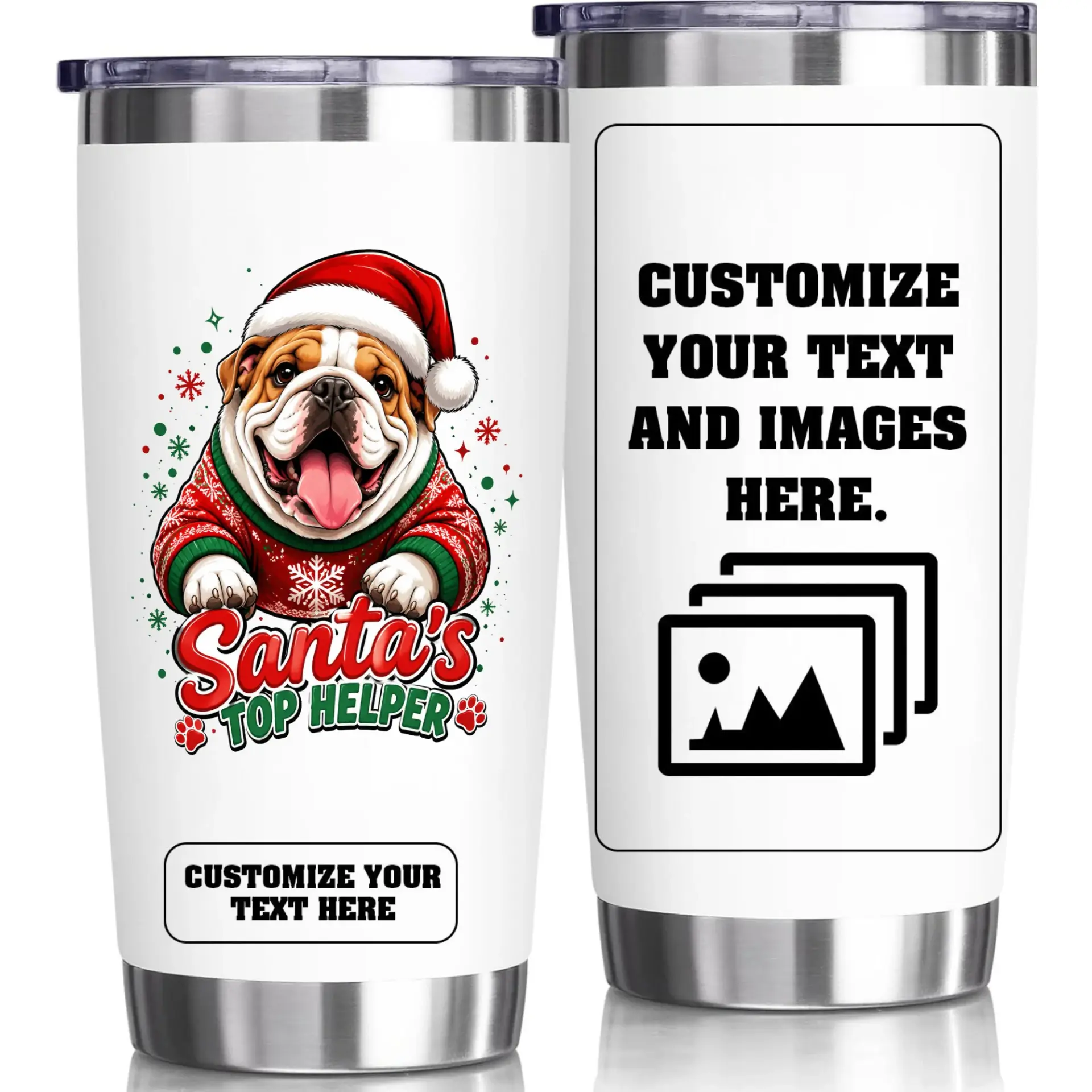 Stainless Steel Tumbler 20oz Holiday Bulldog Theme Customizable Insulated Travel Mug for Coffee Tea Drinks Cold Hot