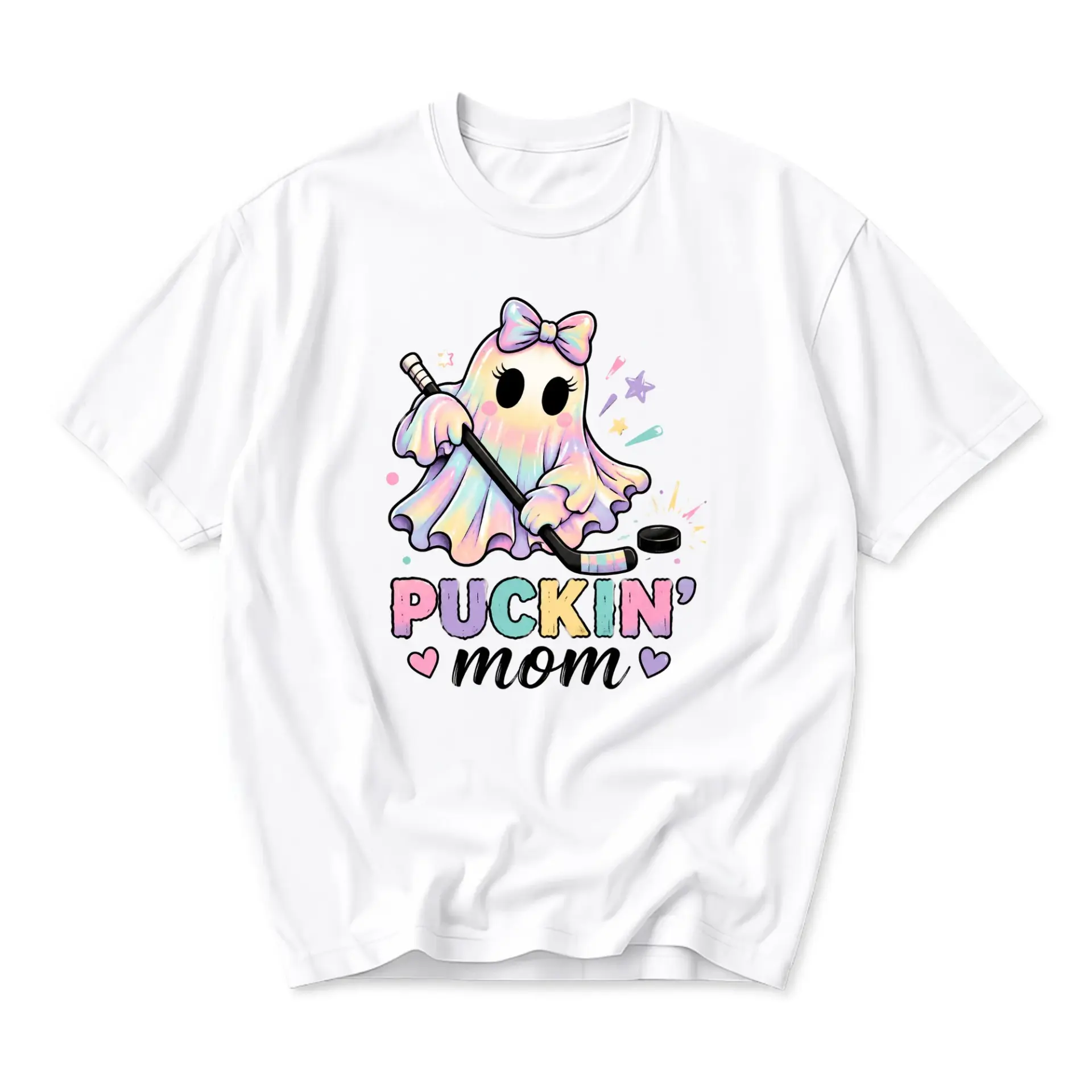 Funny Shirt Puckin Mom Ghost Hockey Graphic Tee Pastel Sport Humor Apparel Unisex Crew Neck Casual Everyday Wear