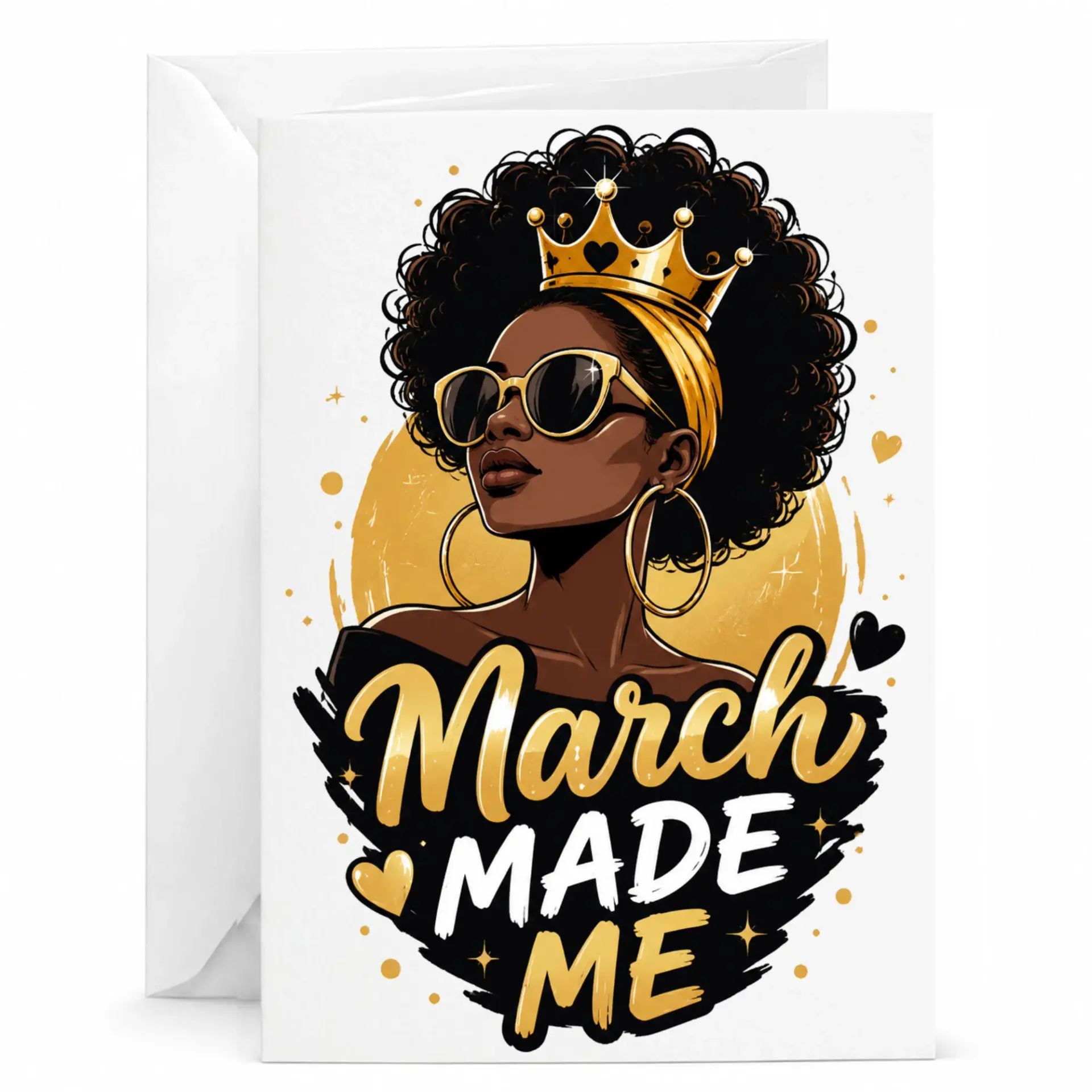 Birthday Card March Made Me Greeting Card for Her Stylish Queen Illustration with Crown and Gold Details